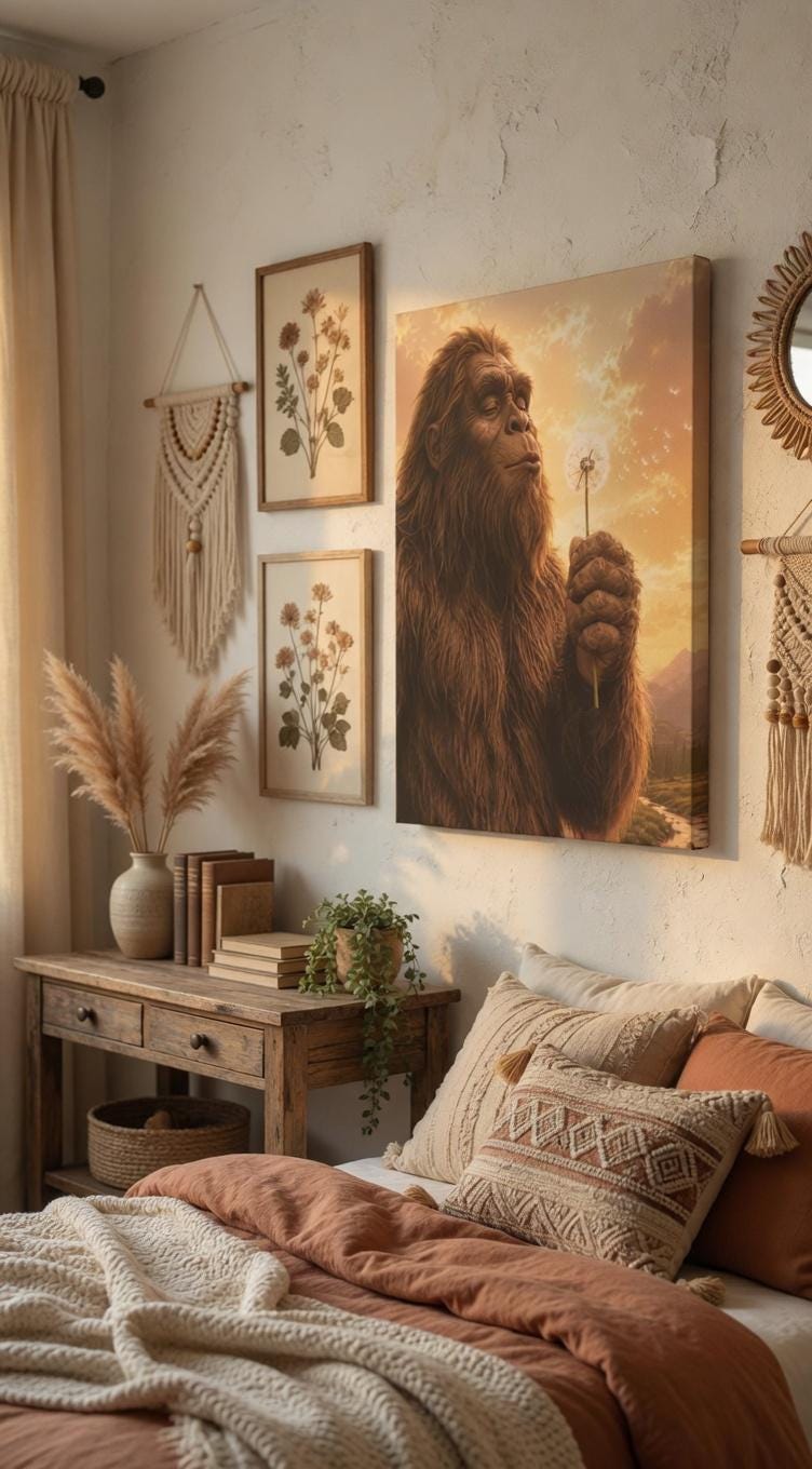 Dandelion Bigfoot Canvas Print Canvas Print — shown on a rustic wall