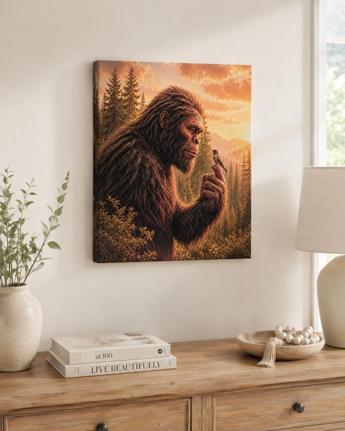 Bigfoot Hummingbird Canvas Print Canvas Print — shown on a rustic wall