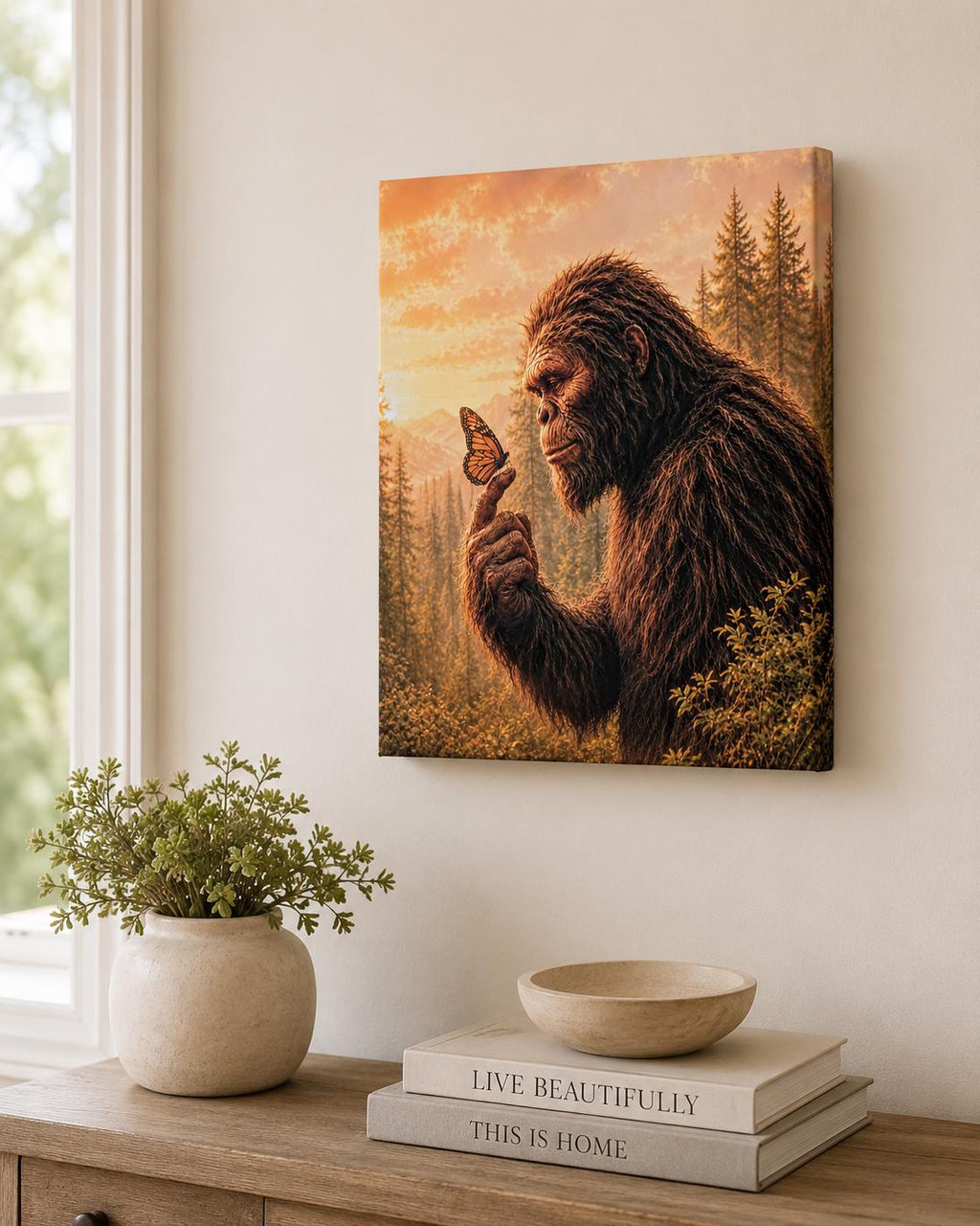Bigfoot Butterfly Canvas Print Canvas Print — shown on a rustic wall