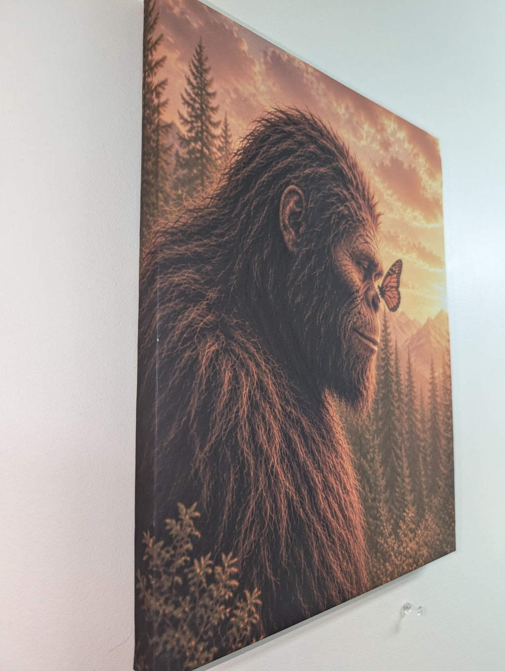 Butterfly Bigfoot Canvas Print Canvas Print — shown on a rustic wall