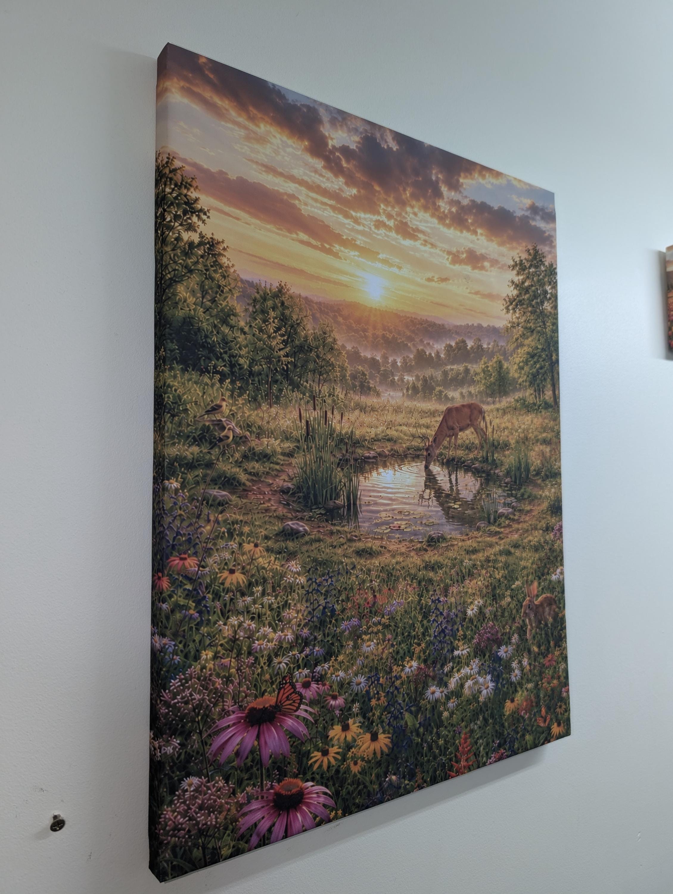 Wildflower Deer Pond Canvas Print Canvas Print — shown on a rustic wall