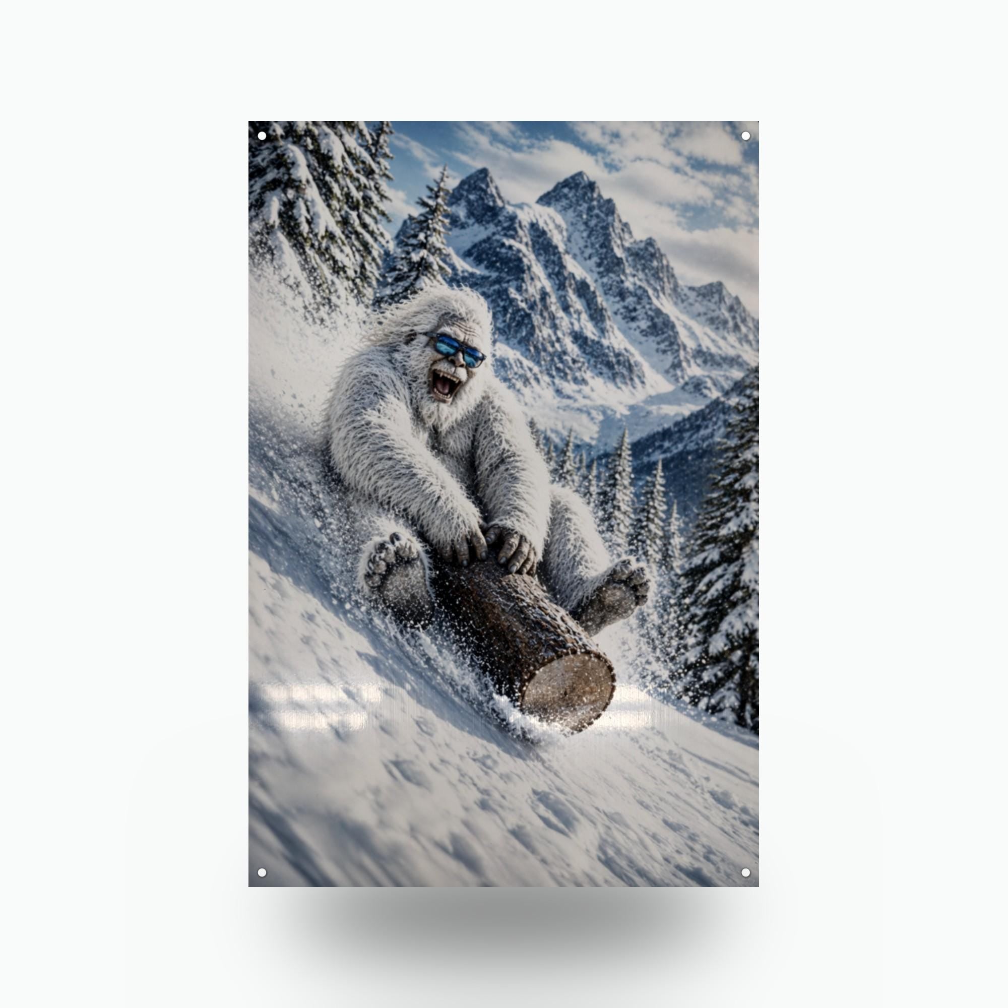 Log Sled Yeti Metal Sign Bigfoot Aluminum Sign — front view on white background