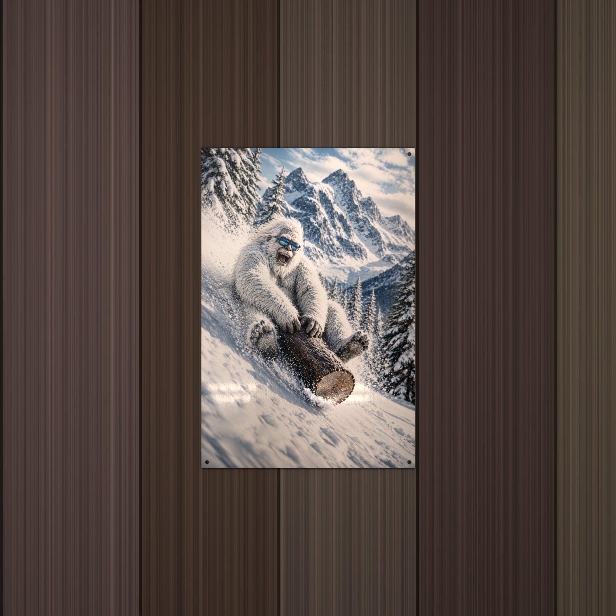 Log Sled Yeti Metal Sign Bigfoot Aluminum Sign — lifestyle setting