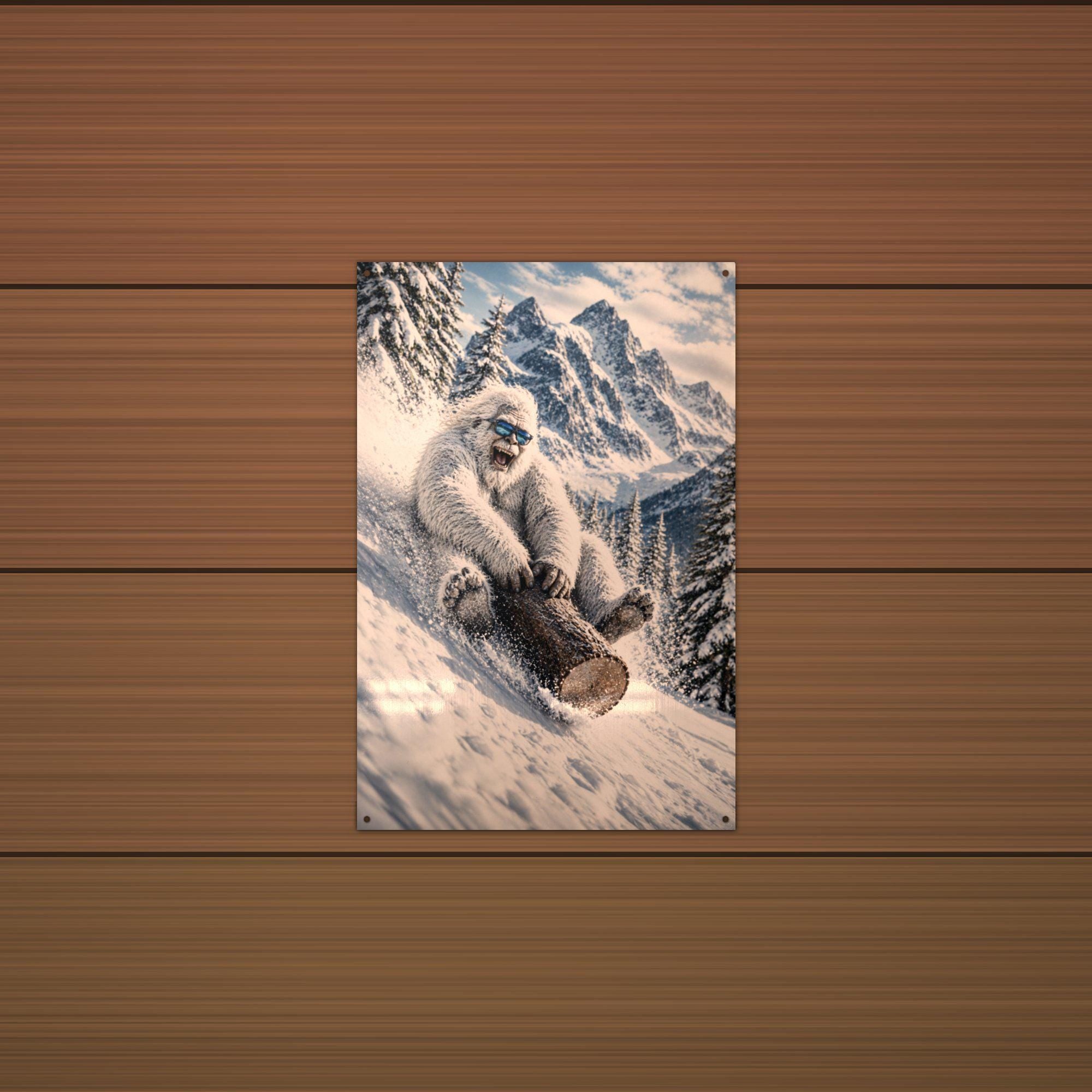 Log Sled Yeti Metal Sign Bigfoot Aluminum Sign — detail view