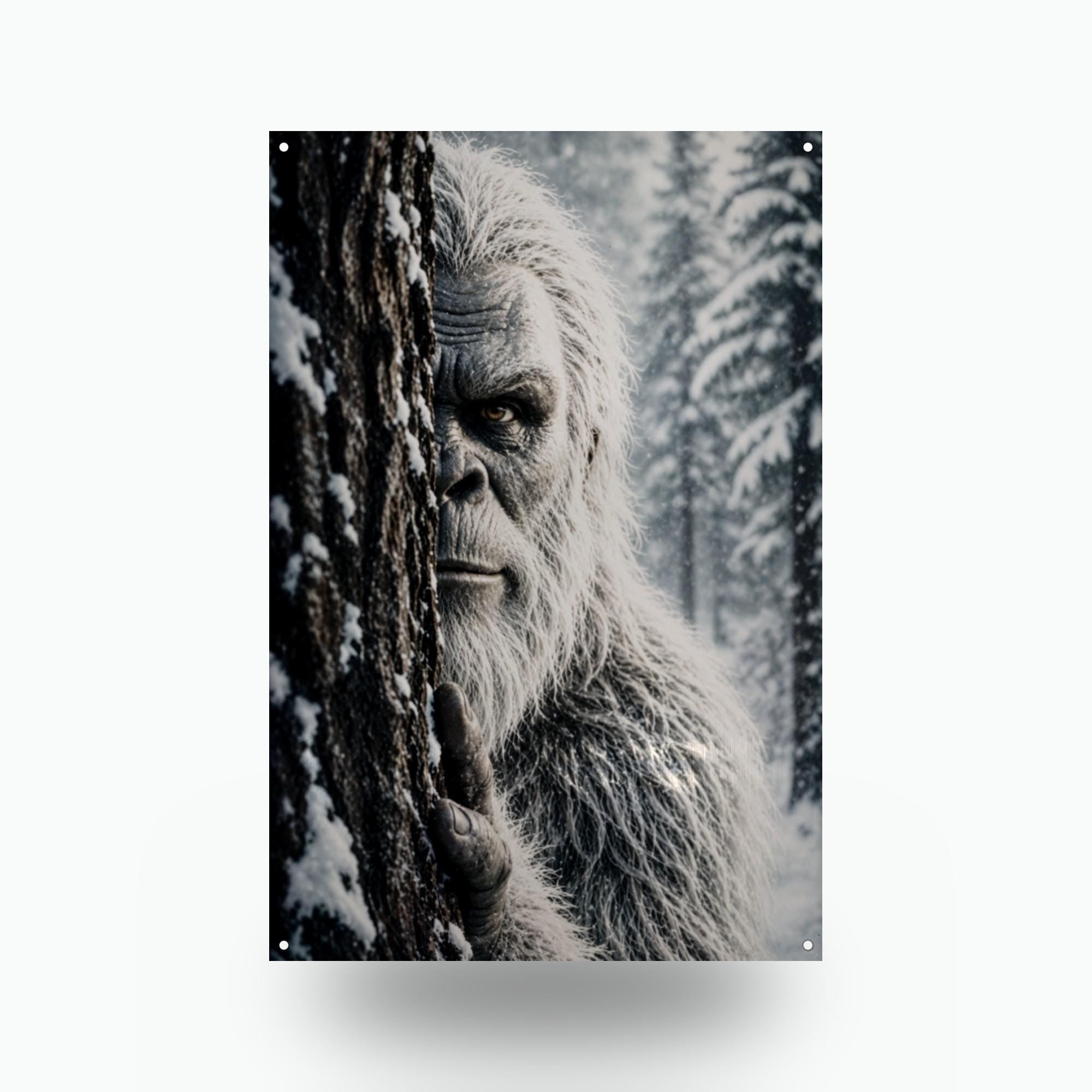 Peeking Snowy Stare Yeti Metal Sign Bigfoot Aluminum Sign — front view on white background