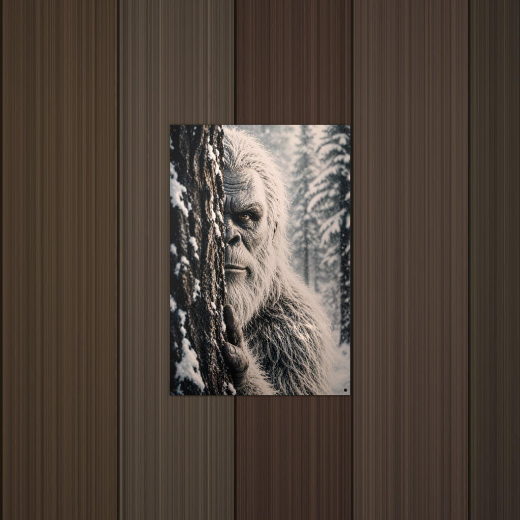 Peeking Snowy Stare Yeti Metal Sign Bigfoot Aluminum Sign — lifestyle setting