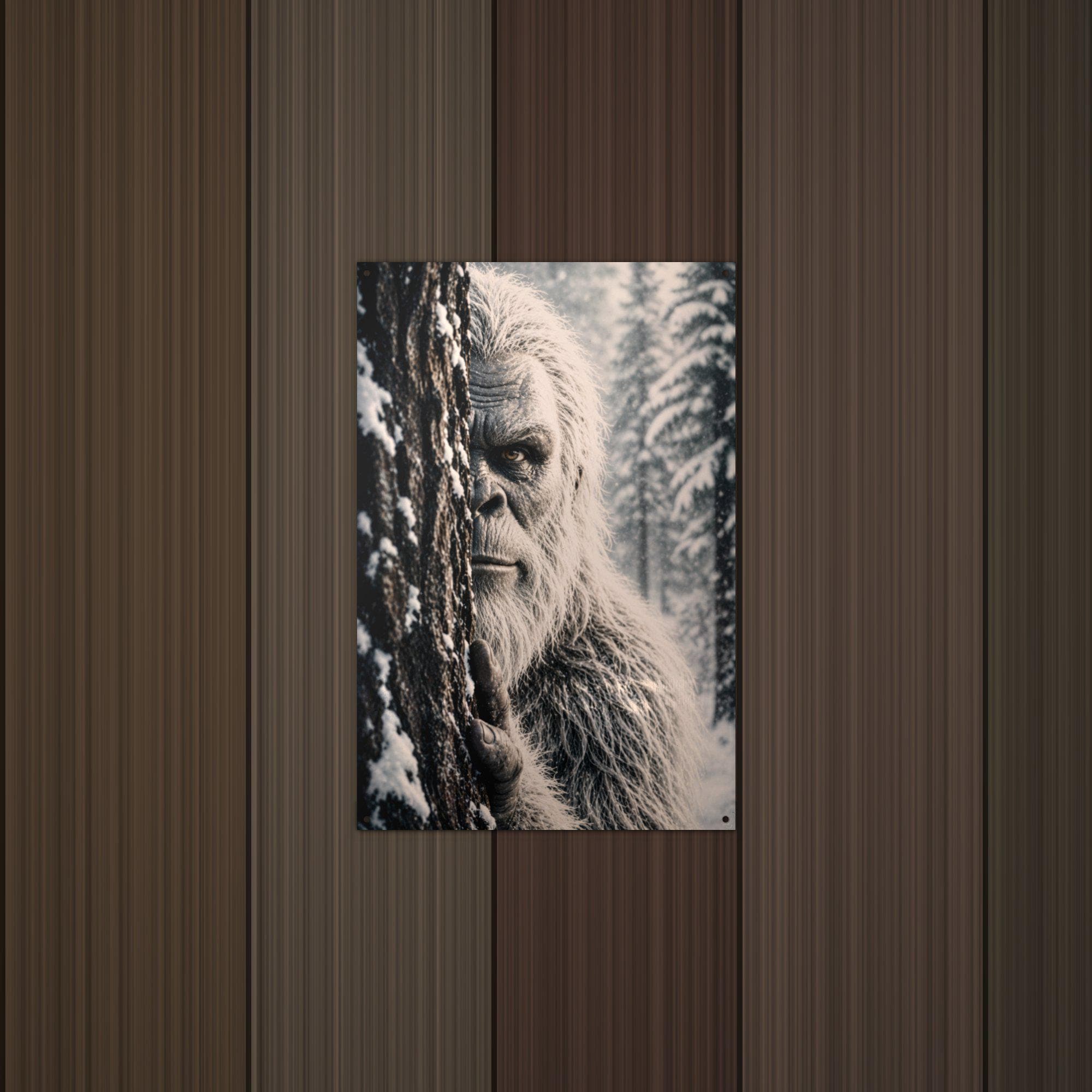 Peeking Snowy Stare Yeti Metal Sign Bigfoot Aluminum Sign — lifestyle setting
