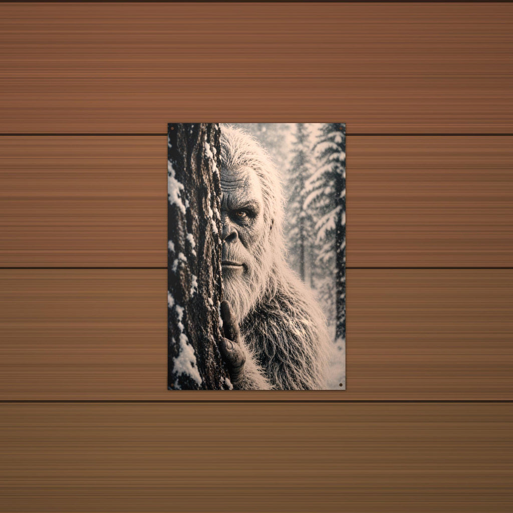 Peeking Snowy Stare Yeti Metal Sign Bigfoot Aluminum Sign — detail view