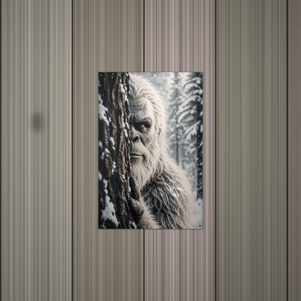 Peeking Snowy Stare Yeti Metal Sign Bigfoot Aluminum Sign — alternate angle