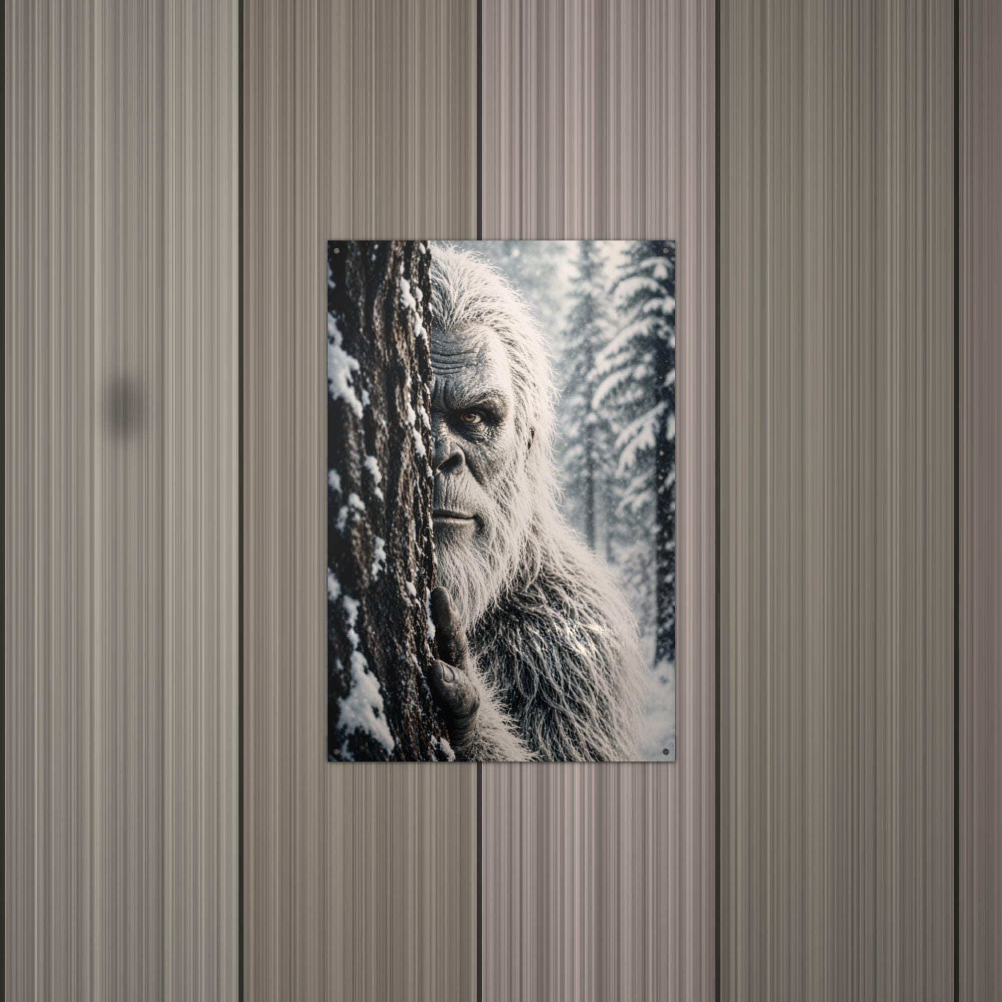 Peeking Snowy Stare Yeti Metal Sign Bigfoot Aluminum Sign — alternate angle