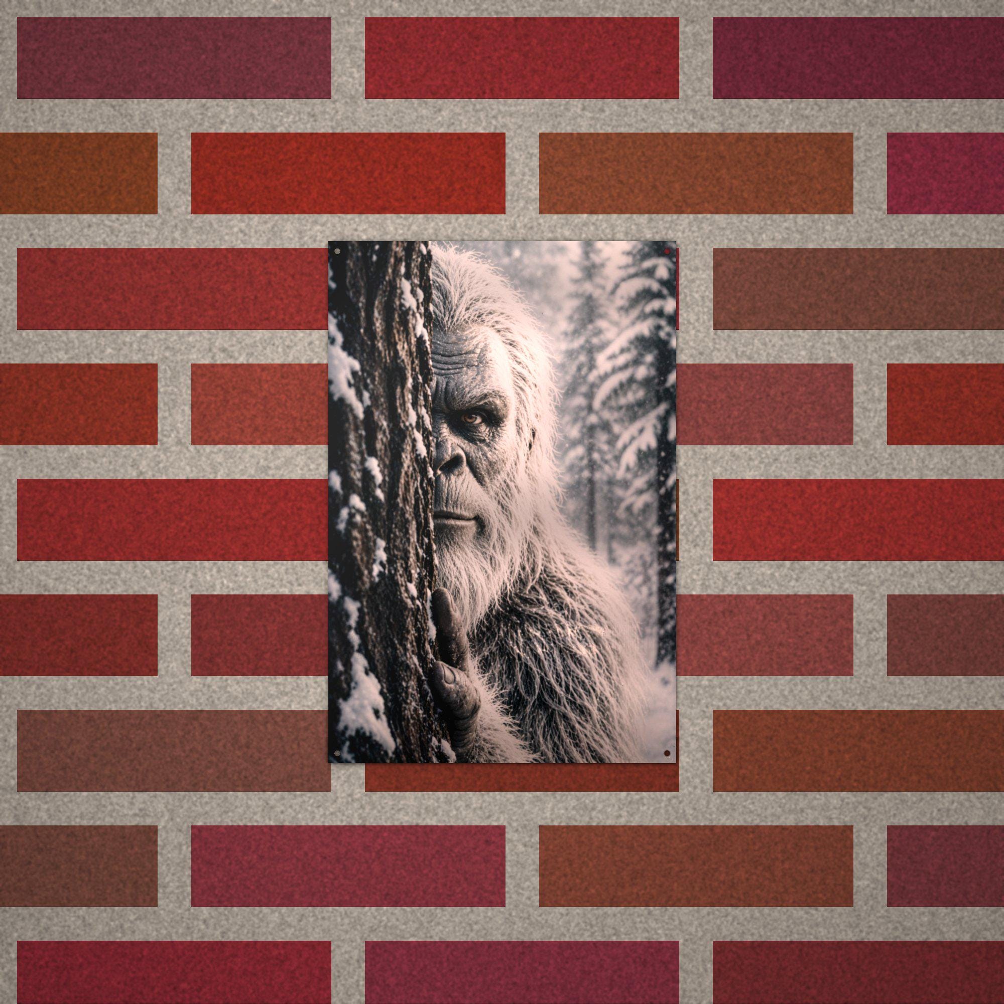 Peeking Snowy Stare Yeti Metal Sign Bigfoot Aluminum Sign — alternate angle