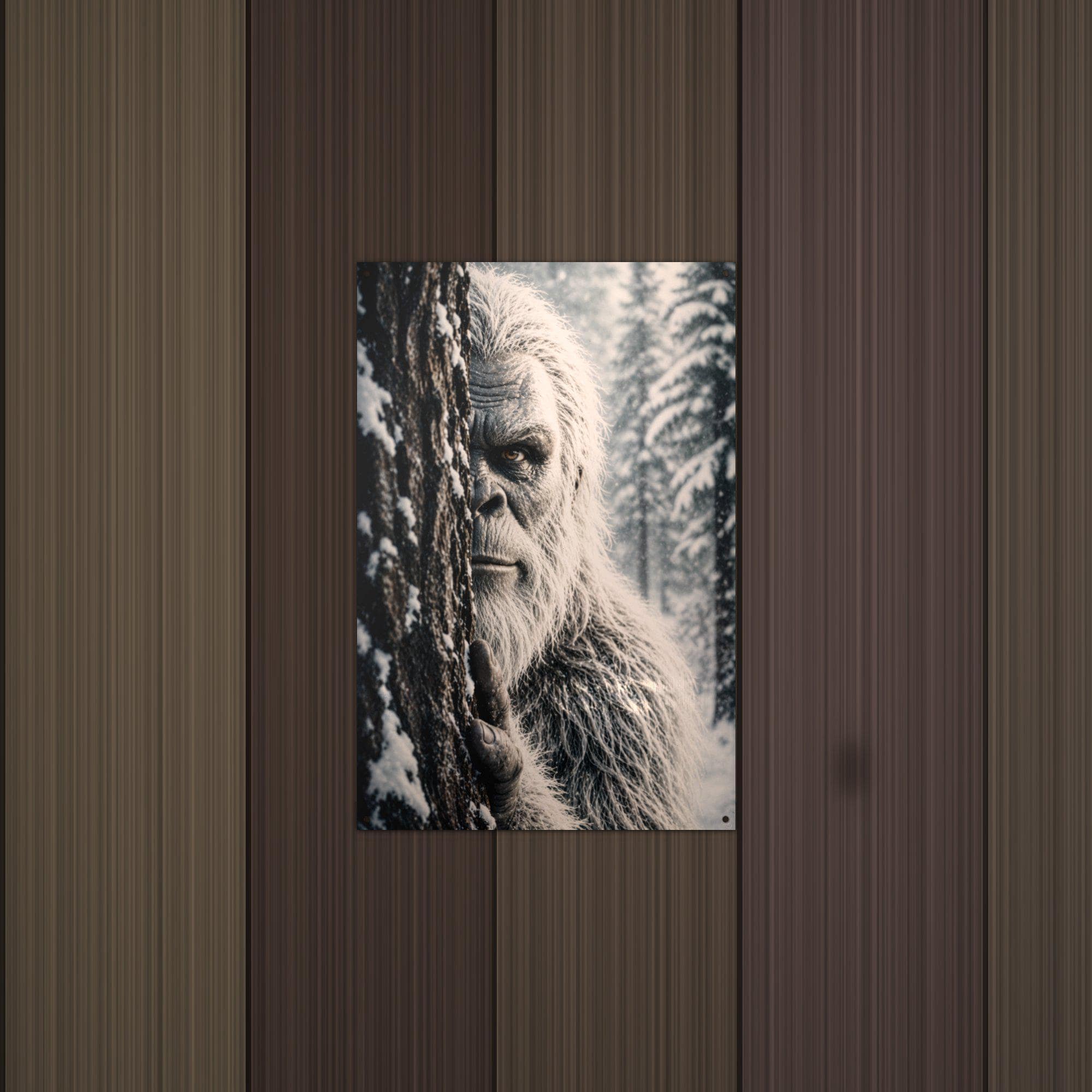 Peeking Snowy Stare Yeti Metal Sign Bigfoot Aluminum Sign — alternate angle