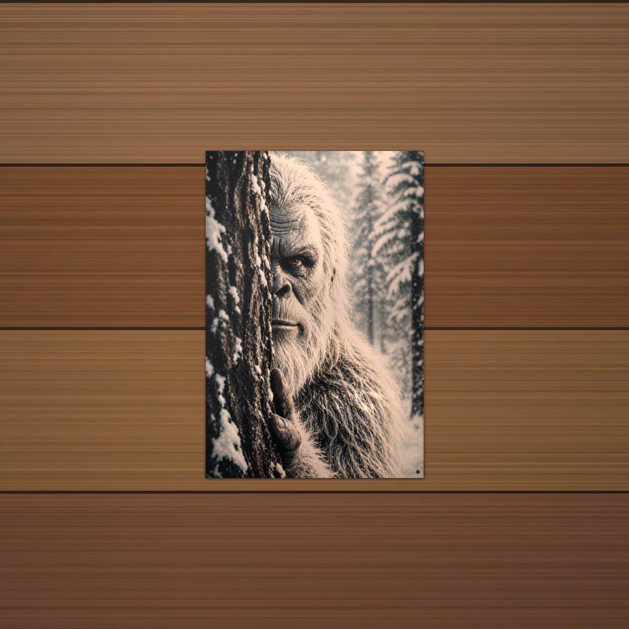 Peeking Snowy Stare Yeti Metal Sign Bigfoot Aluminum Sign — alternate angle