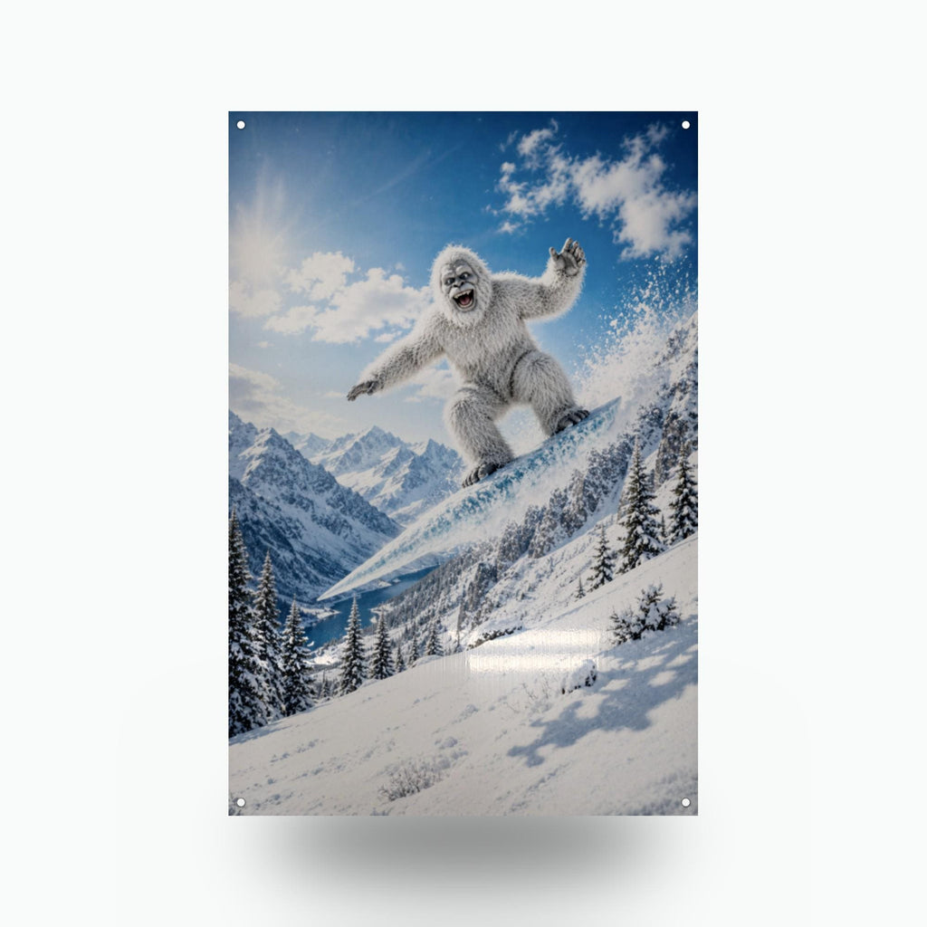 Snowboard Jump Yeti Metal Sign Bigfoot Aluminum Sign — front view on white background