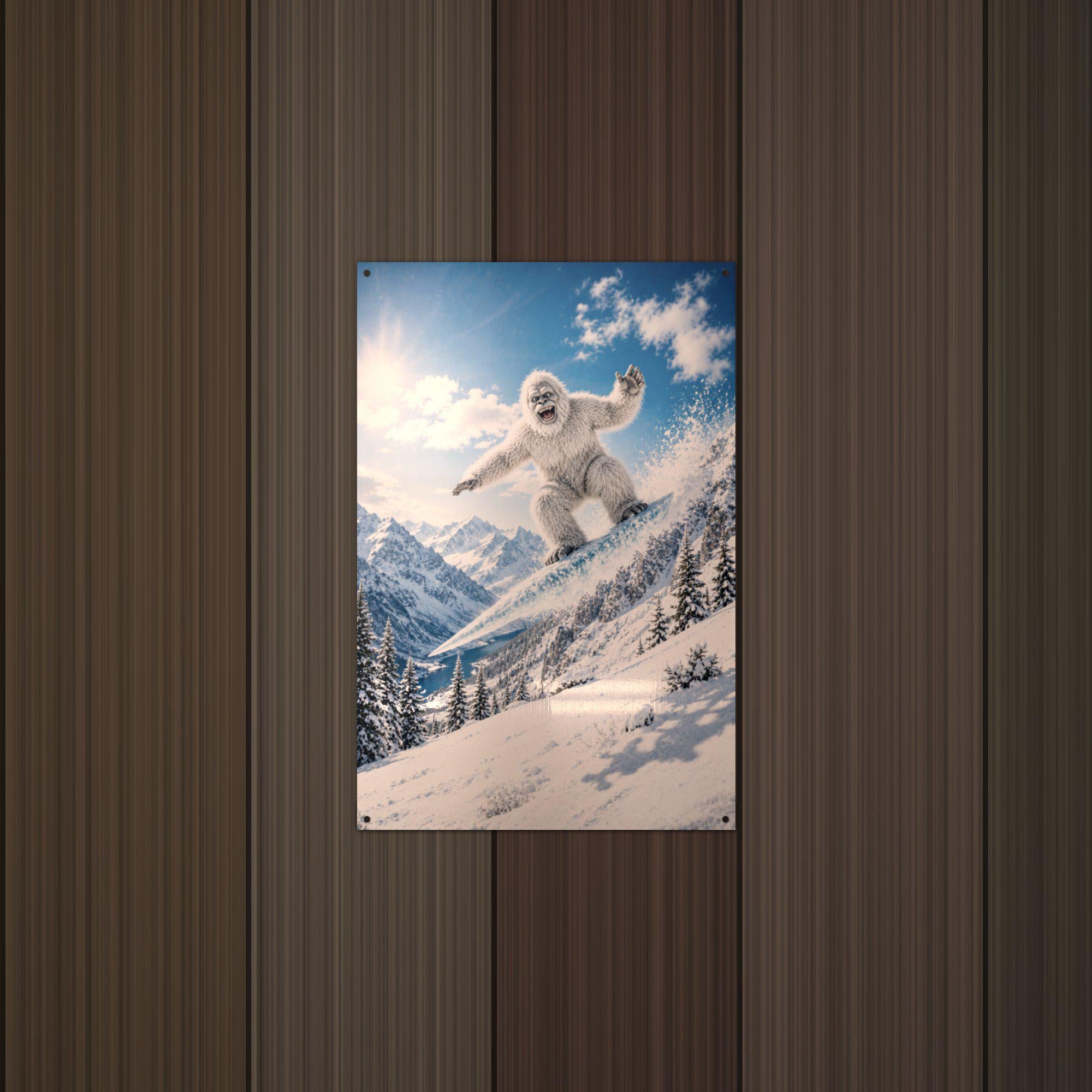 Snowboard Jump Yeti Metal Sign Bigfoot Aluminum Sign — lifestyle setting