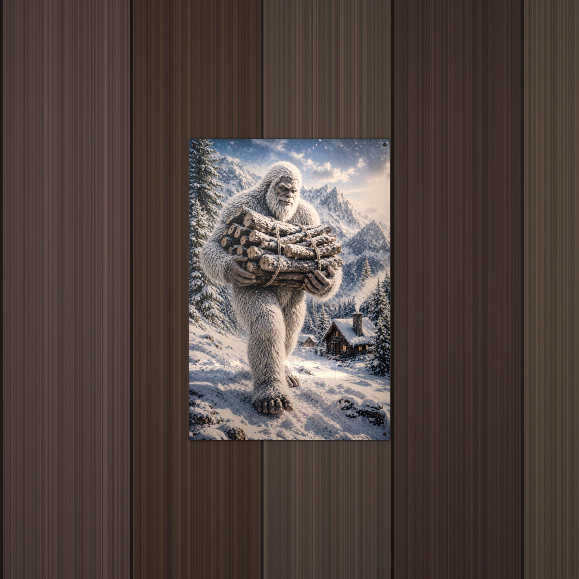 Firewood Yeti Metal Sign Bigfoot Aluminum Sign — lifestyle setting