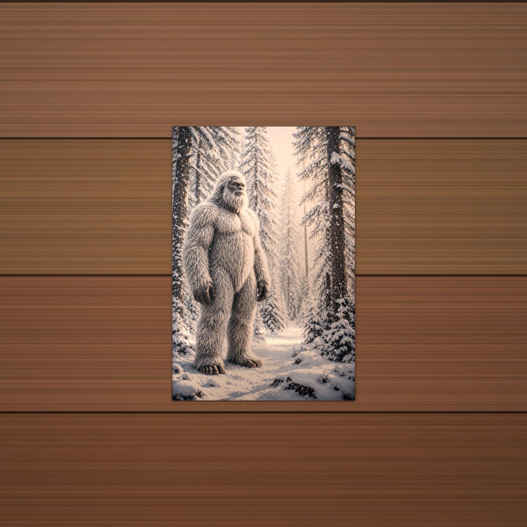 Snowy Path Yeti Metal Sign Bigfoot Aluminum Sign — detail view