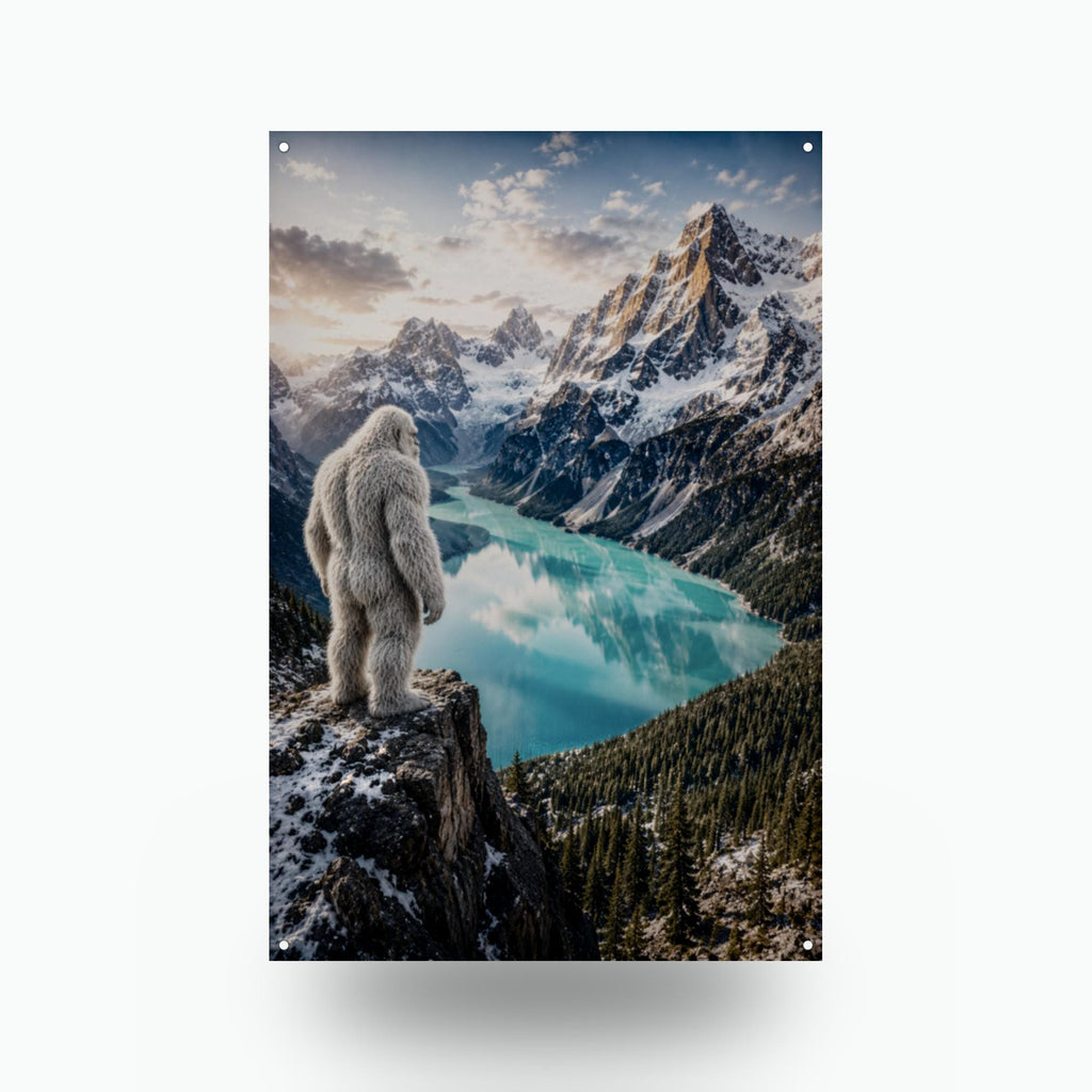 Alpine Lake Yeti Metal Sign Wood Sign — front view on white background