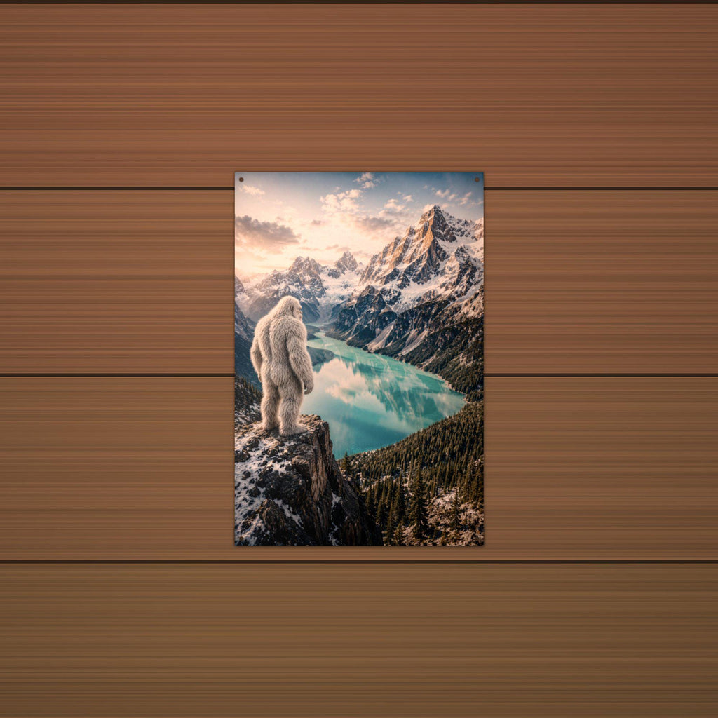 Alpine Lake Yeti Metal Sign Wood Sign — detail view