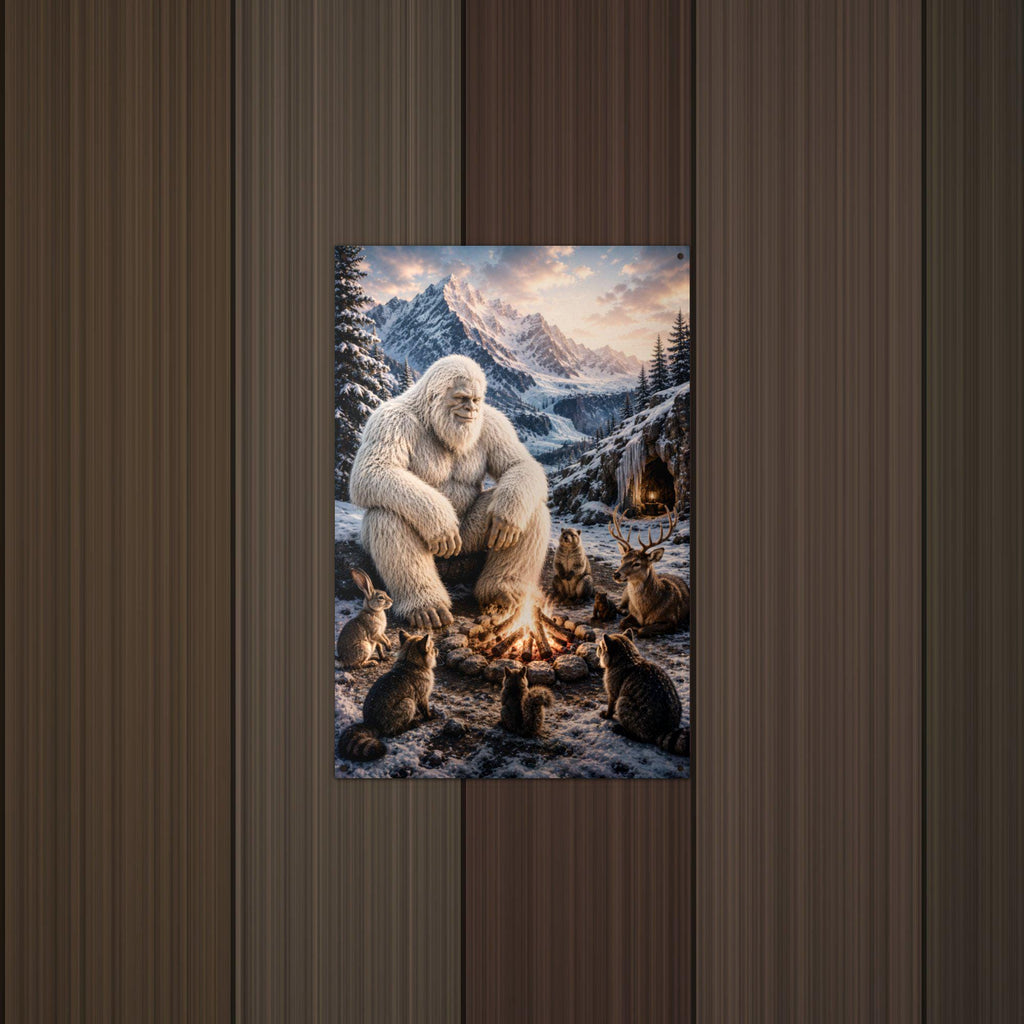 Campfire Cats Yeti Metal Sign Bigfoot Aluminum Sign — lifestyle setting