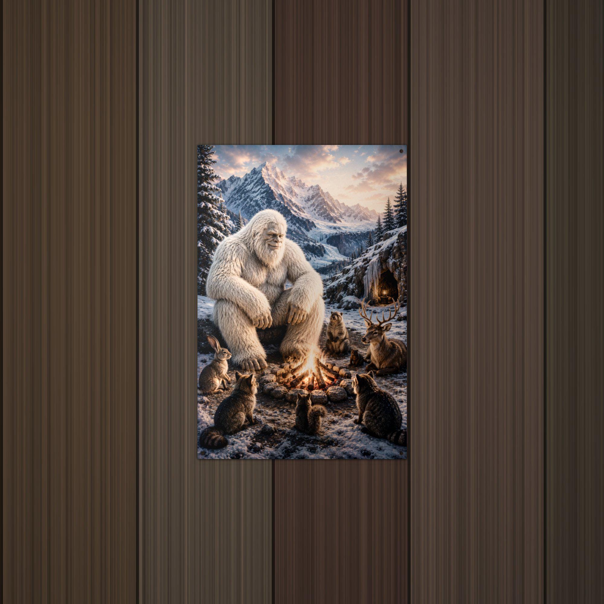 Campfire Cats Yeti Metal Sign Bigfoot Aluminum Sign — lifestyle setting