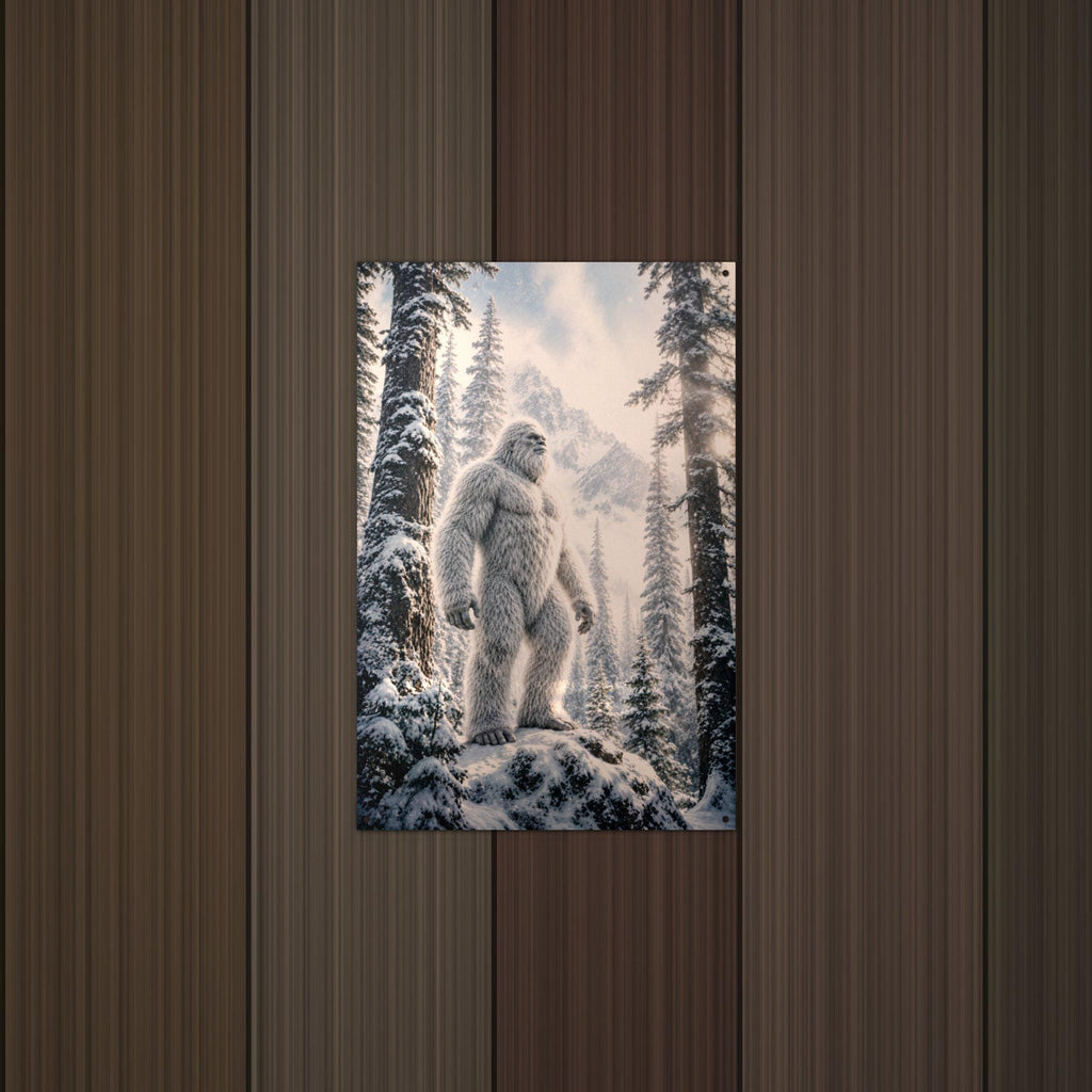 Sunburst Forest Yeti Metal Sign Bigfoot Aluminum Sign — lifestyle setting