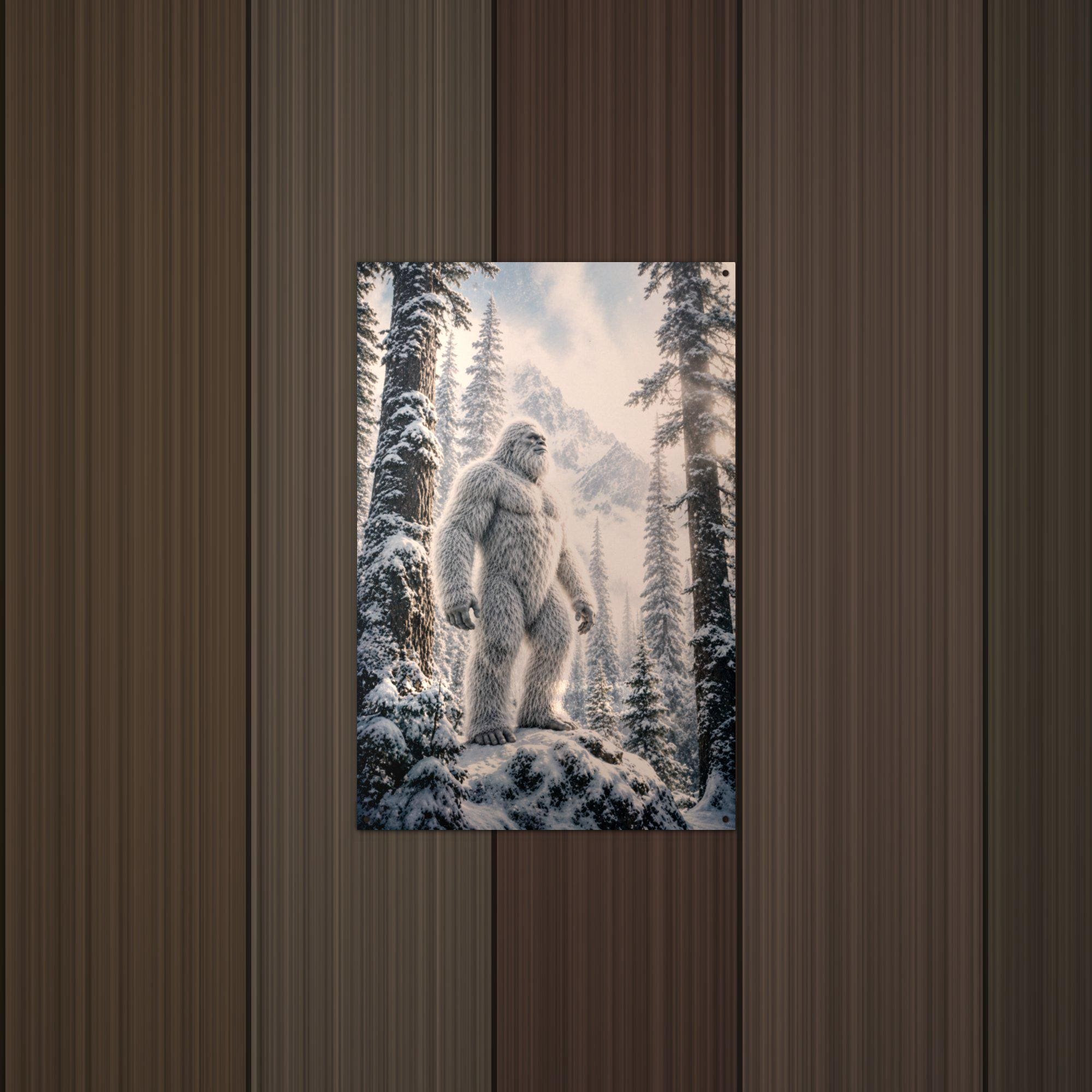 Sunburst Forest Yeti Metal Sign Bigfoot Aluminum Sign — lifestyle setting