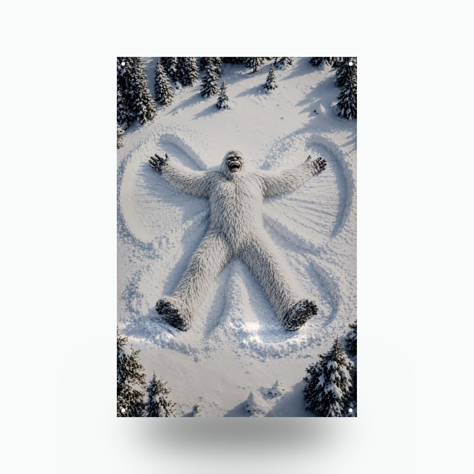 Snow Angel Yeti Metal Sign Bigfoot Aluminum Sign — front view on white background