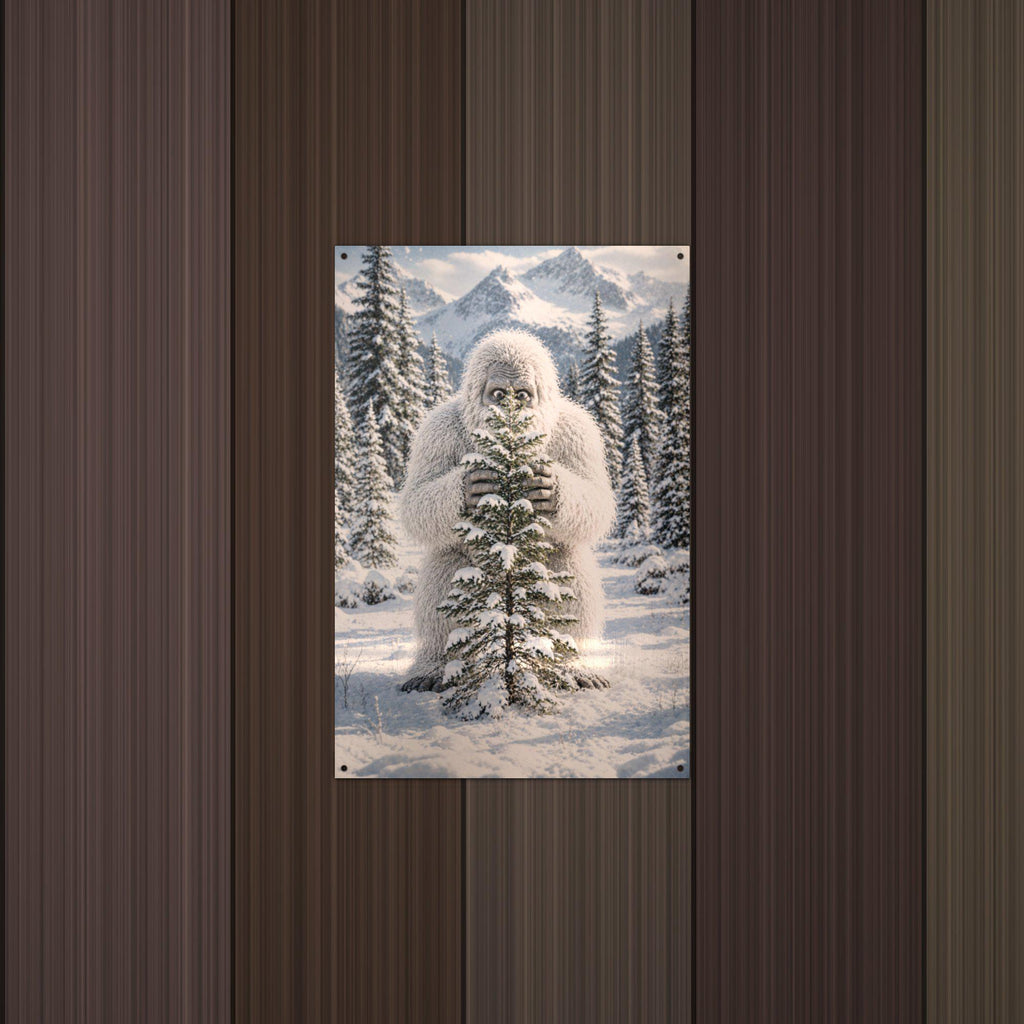 Tree Hug Yeti Metal Sign Bigfoot Aluminum Sign — lifestyle setting