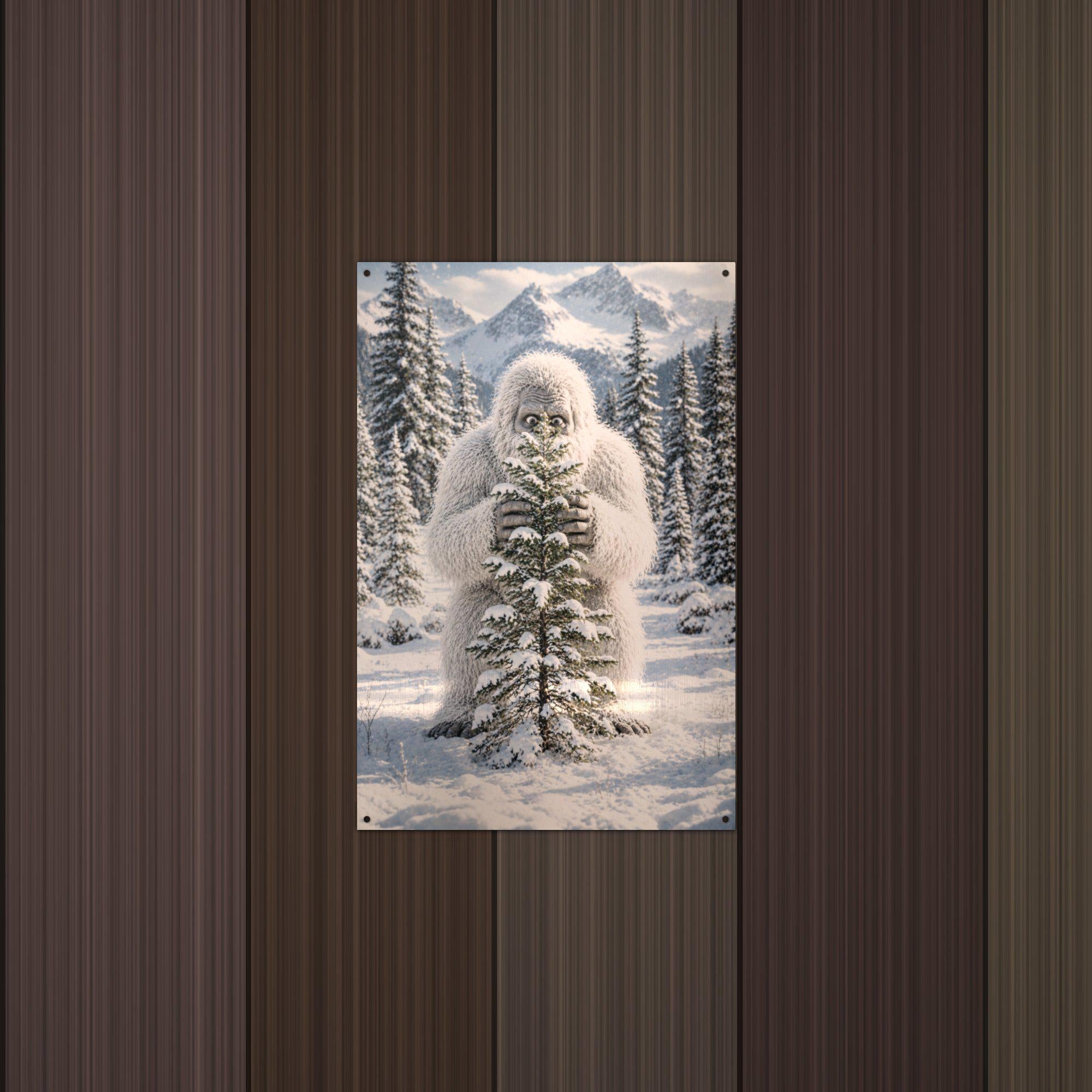 Tree Hug Yeti Metal Sign Bigfoot Aluminum Sign — lifestyle setting