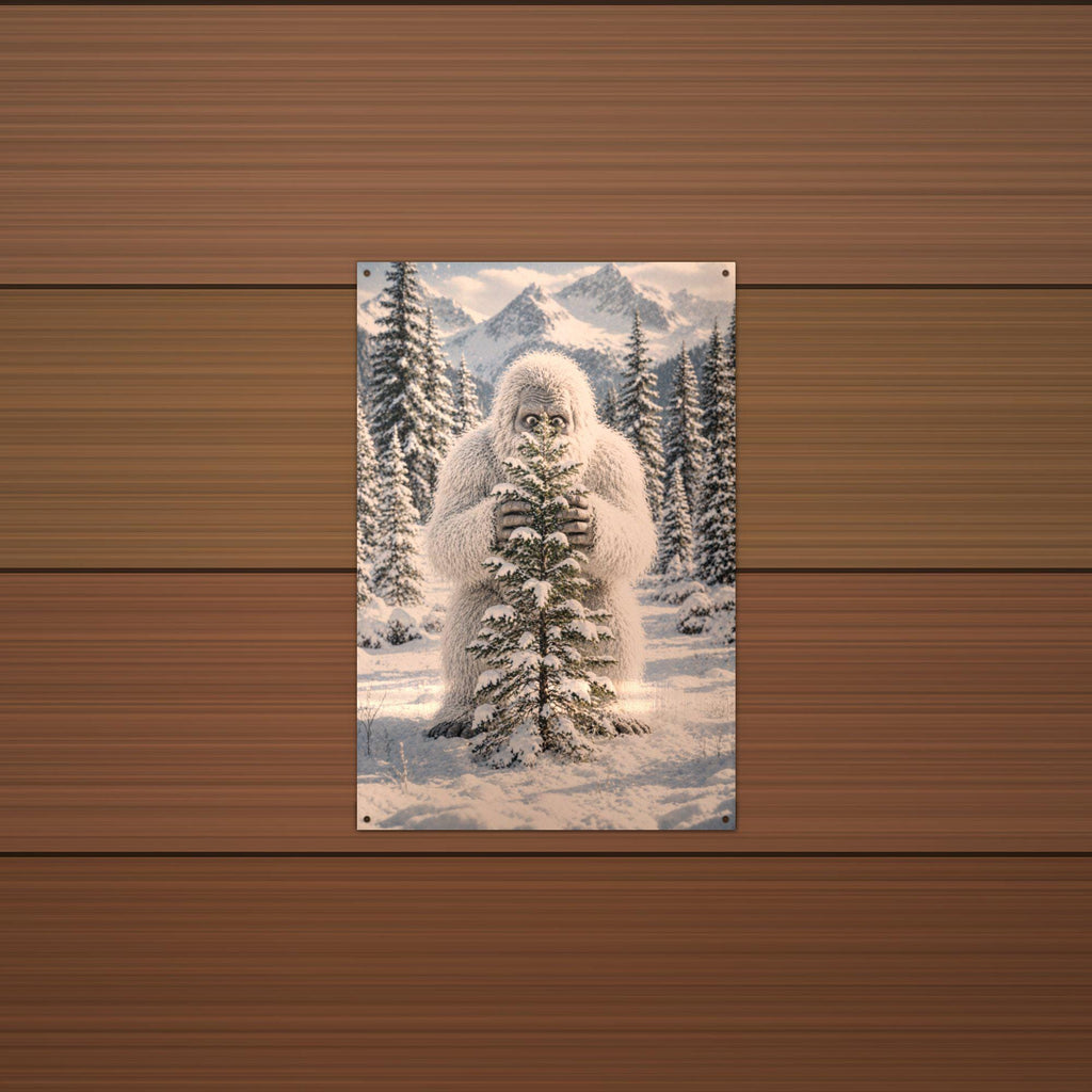 Tree Hug Yeti Metal Sign Bigfoot Aluminum Sign — detail view
