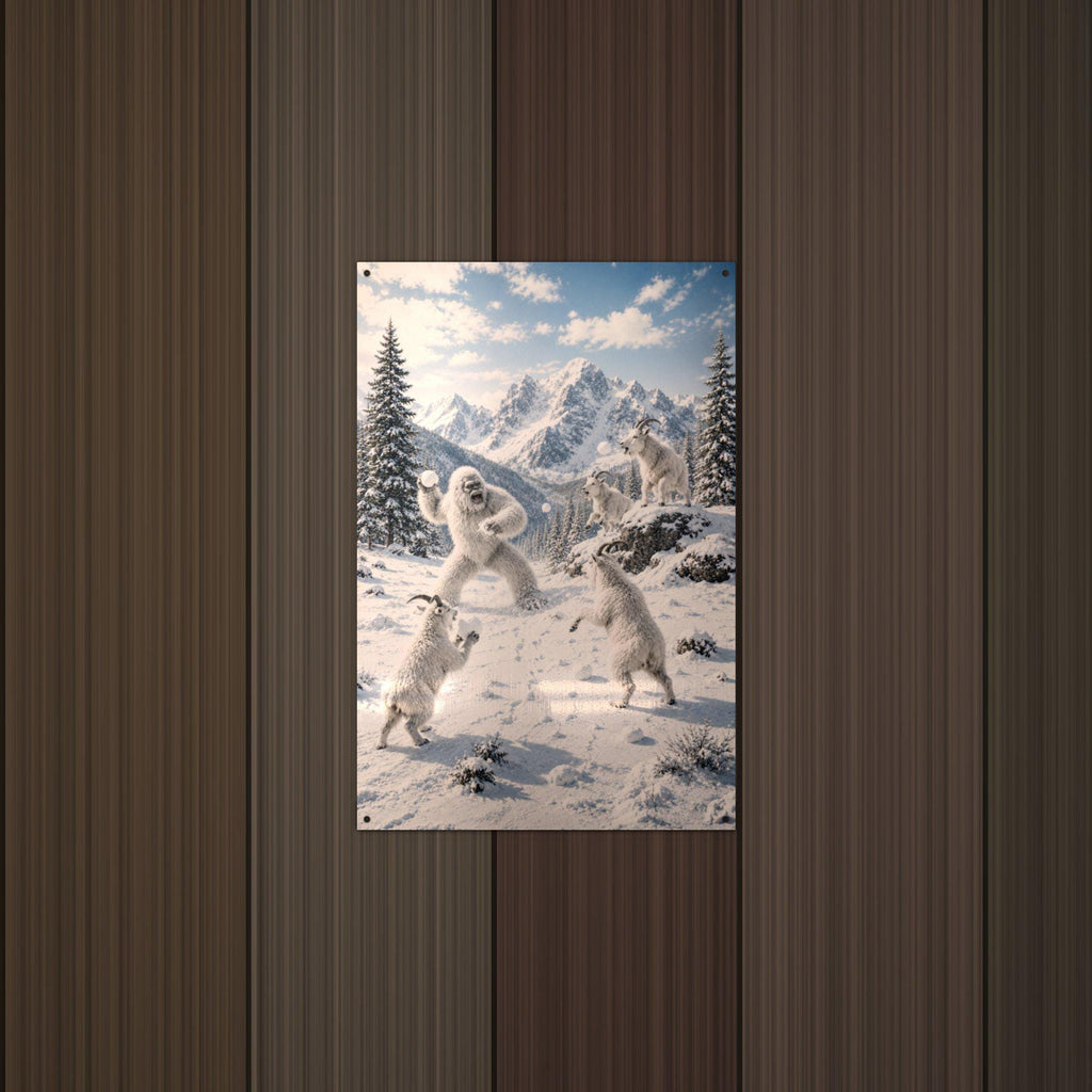 Snowball Fight Yeti Metal Sign Bigfoot Aluminum Sign — lifestyle setting