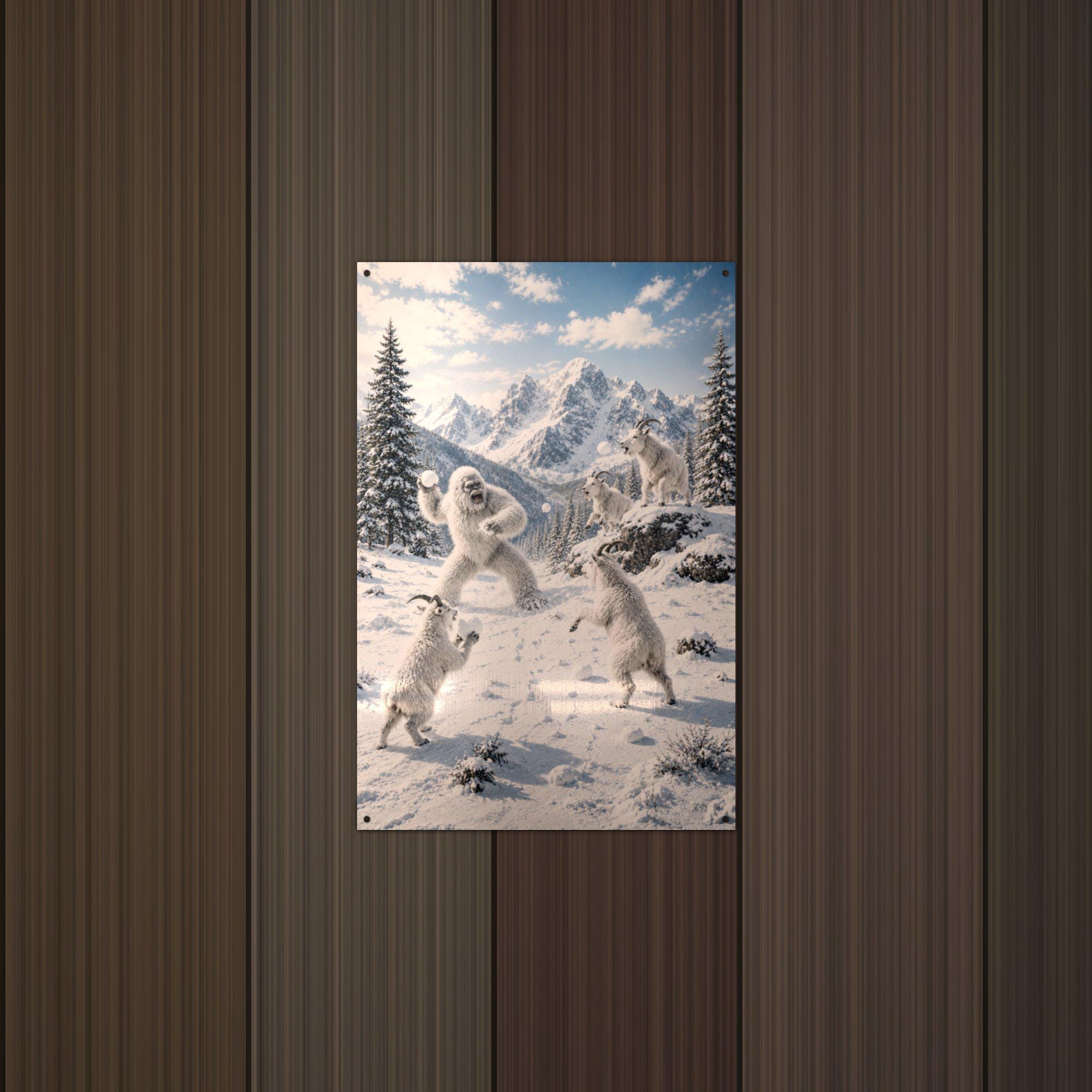 Snowball Fight Yeti Metal Sign Bigfoot Aluminum Sign — lifestyle setting