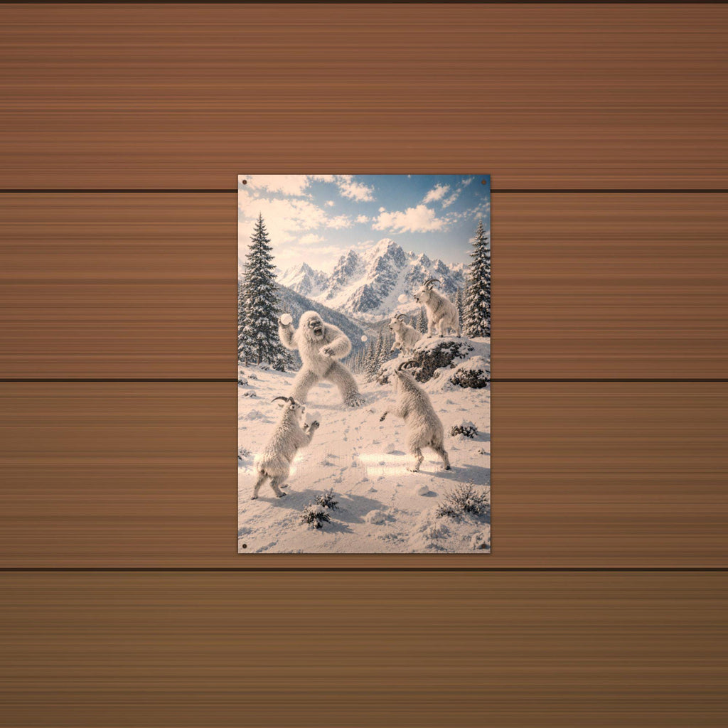 Snowball Fight Yeti Metal Sign Bigfoot Aluminum Sign — detail view