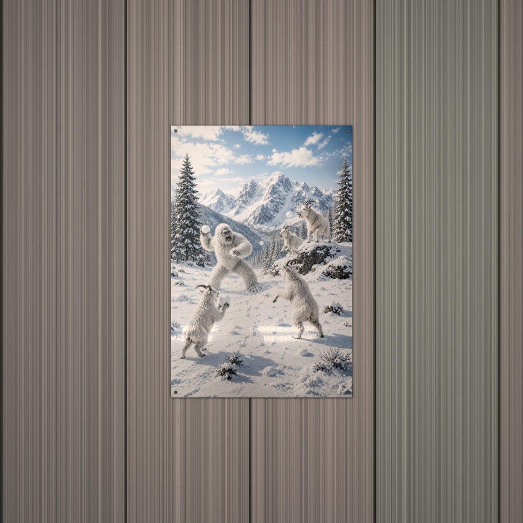 Snowball Fight Yeti Metal Sign Bigfoot Aluminum Sign — alternate angle
