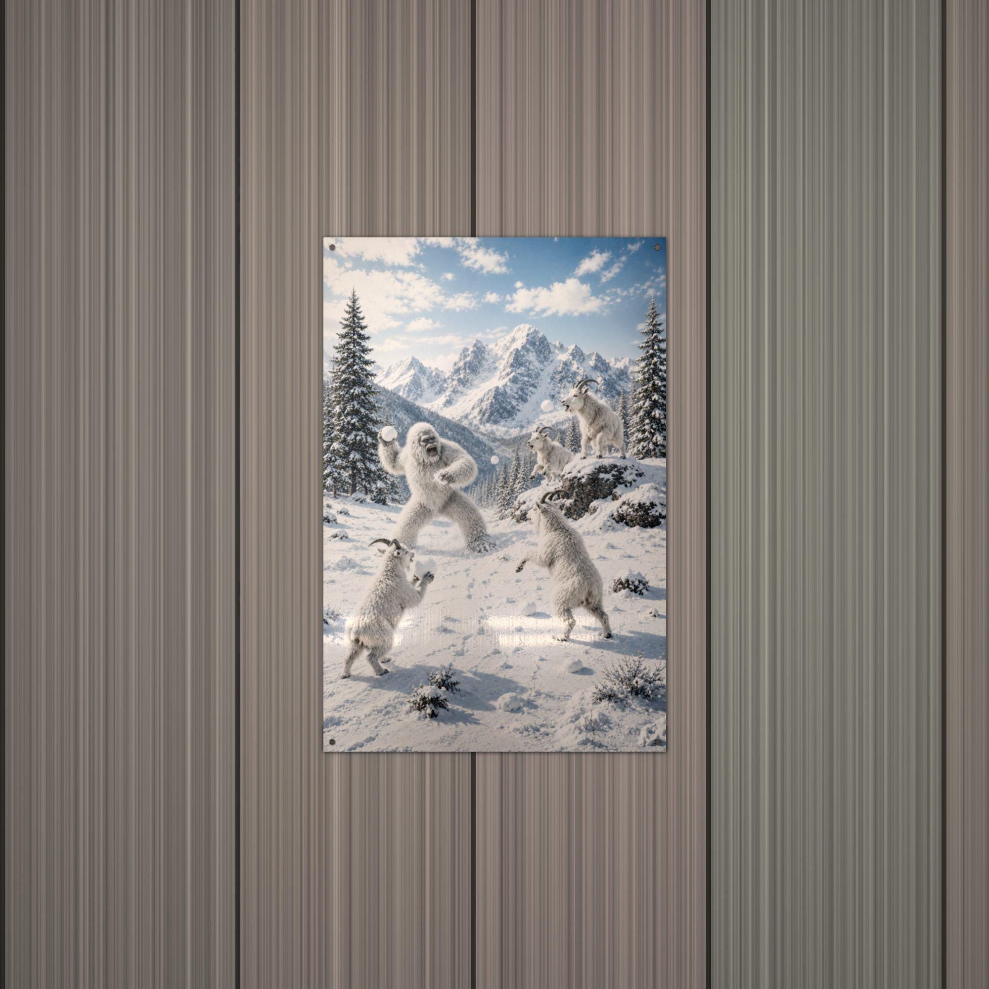 Snowball Fight Yeti Metal Sign Bigfoot Aluminum Sign — alternate angle