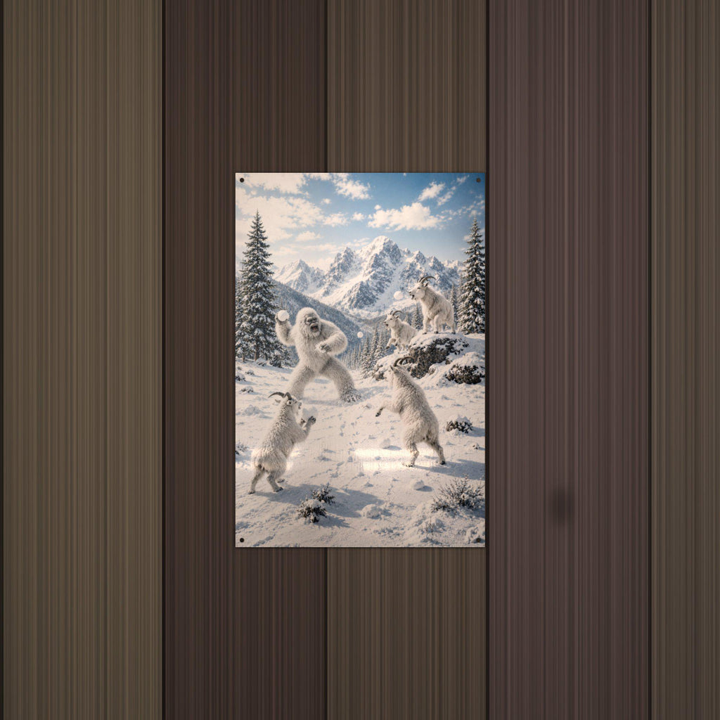 Snowball Fight Yeti Metal Sign Bigfoot Aluminum Sign — alternate angle