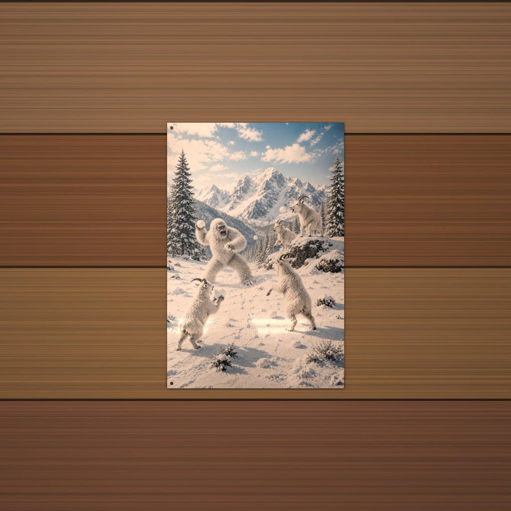 Snowball Fight Yeti Metal Sign Bigfoot Aluminum Sign — alternate angle