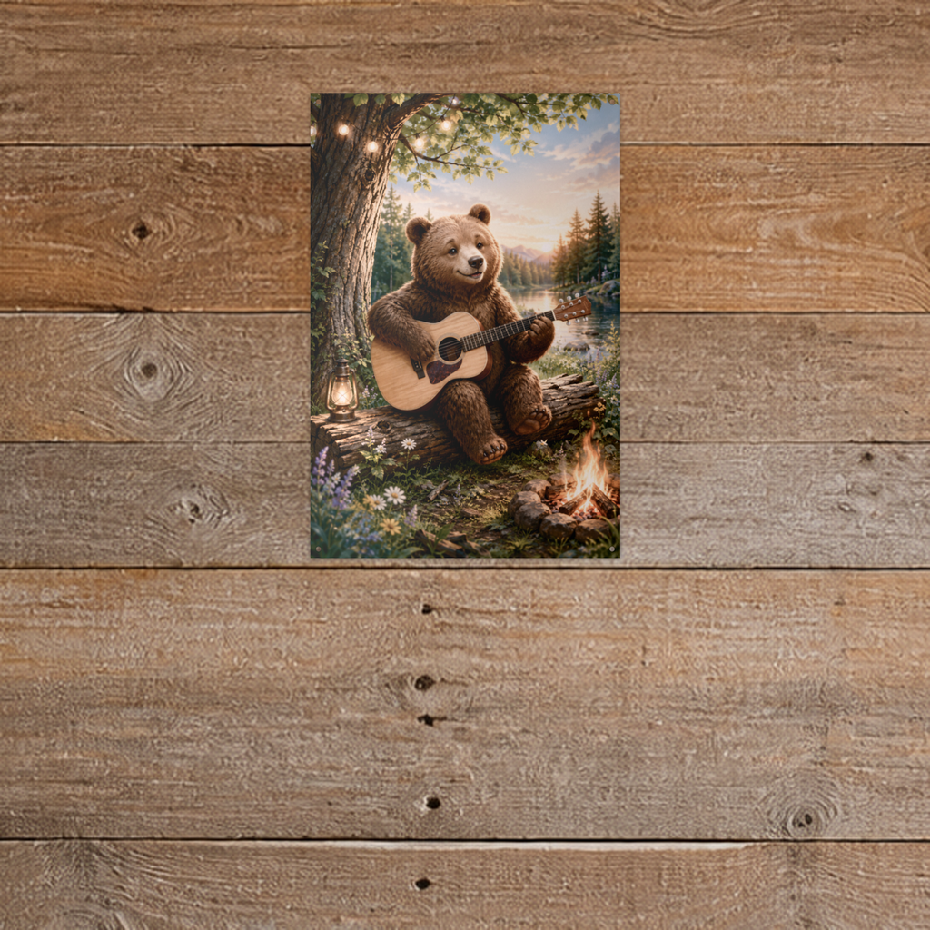 Campfire Guitar Bear Metal Wall Art, Whimsical | 8x12 Aluminum | Kids Cabin Decor, Bear Lover Gift
