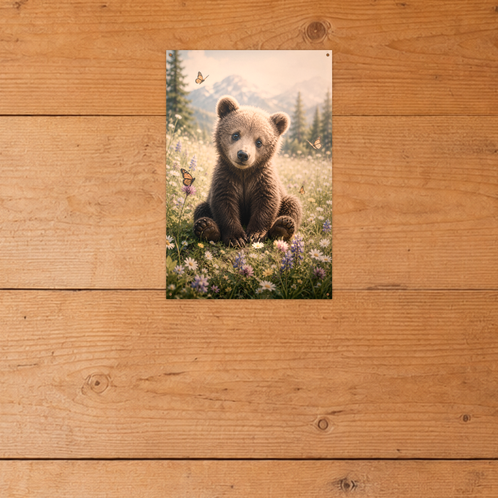 Cub and Butterflies Bear Metal Wall Art, Wildlife Sign | 8x12 Aluminum | Cabin Decor, Bear Lover Gift