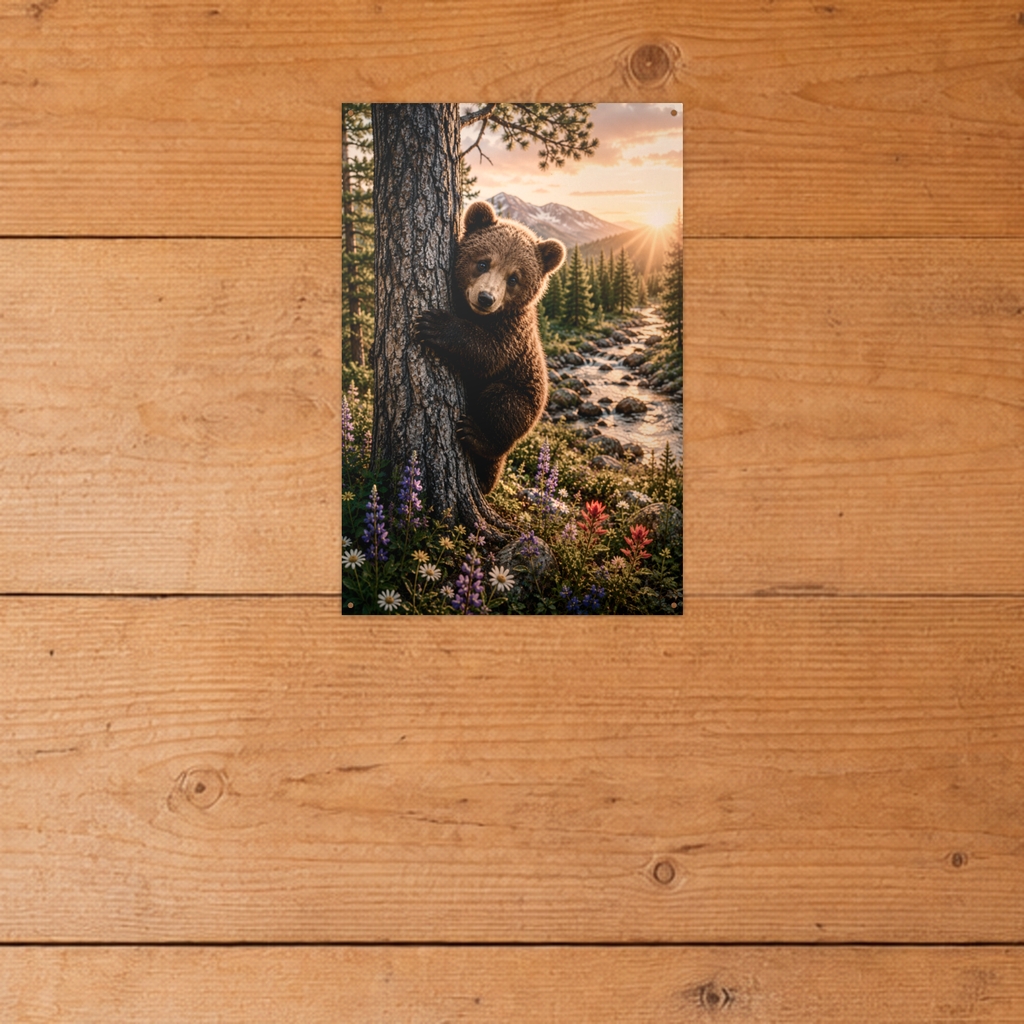 Cub at Sunset Bear Metal Wall Art, Wildlife Sign | 8x12 Aluminum | Cabin Decor, Bear Lover Gift
