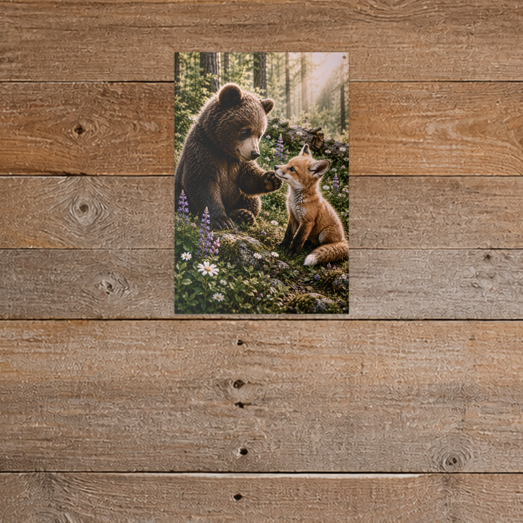 Bear and Fox Bear Metal Wall Art, Wildlife Sign | 8x12 Aluminum | Cabin Decor, Bear Lover Gift