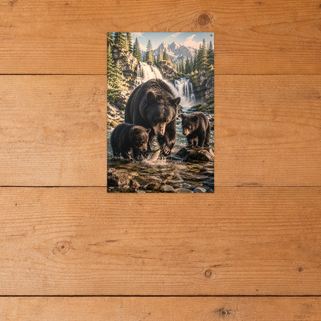Waterfall Family Bear Metal Wall Art, Wildlife Sign | 8x12 Aluminum | Cabin Decor, Bear Lover Gift