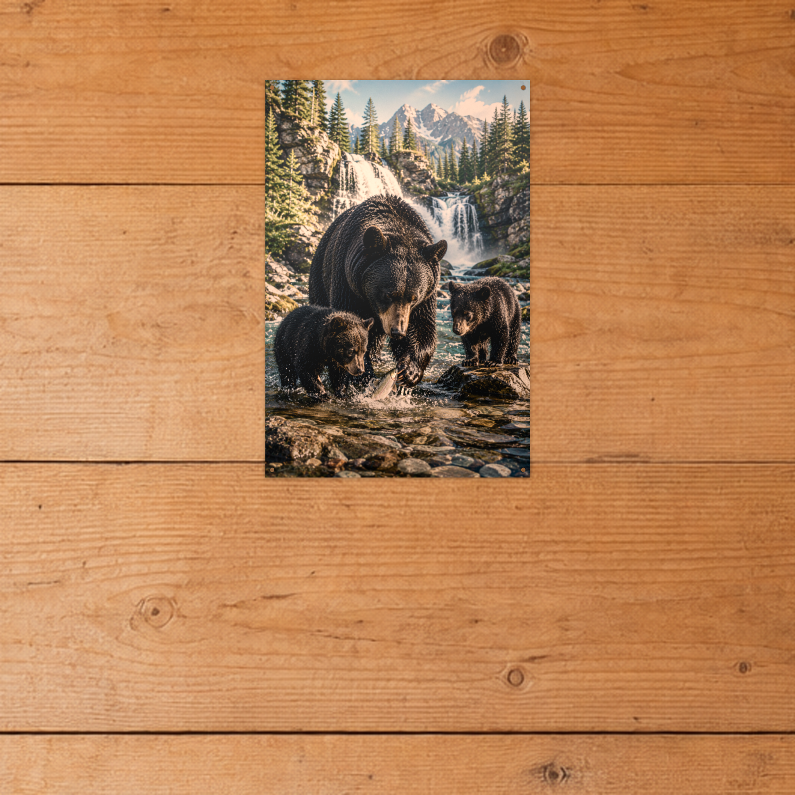 Waterfall Family Bear Metal Wall Art, Wildlife Sign | 8x12 Aluminum | Cabin Decor, Bear Lover Gift