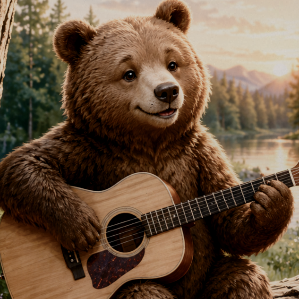 Campfire Guitar Bear Metal Wall Art, Whimsical | 8x12 Aluminum | Kids Cabin Decor, Bear Lover Gift