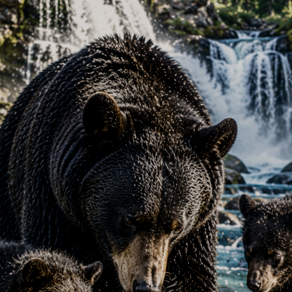 Waterfall Family Bear Metal Wall Art, Wildlife Sign | 8x12 Aluminum | Cabin Decor, Bear Lover Gift