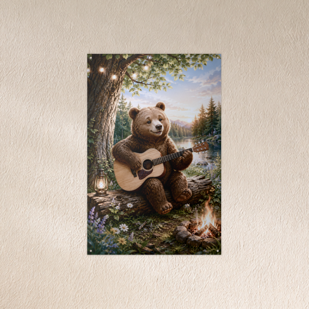 Campfire Guitar Bear Metal Wall Art, Whimsical | 8x12 Aluminum | Kids Cabin Decor, Bear Lover Gift