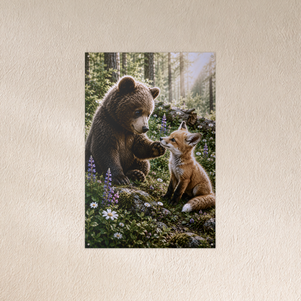 Bear and Fox Bear Metal Wall Art, Wildlife Sign | 8x12 Aluminum | Cabin Decor, Bear Lover Gift
