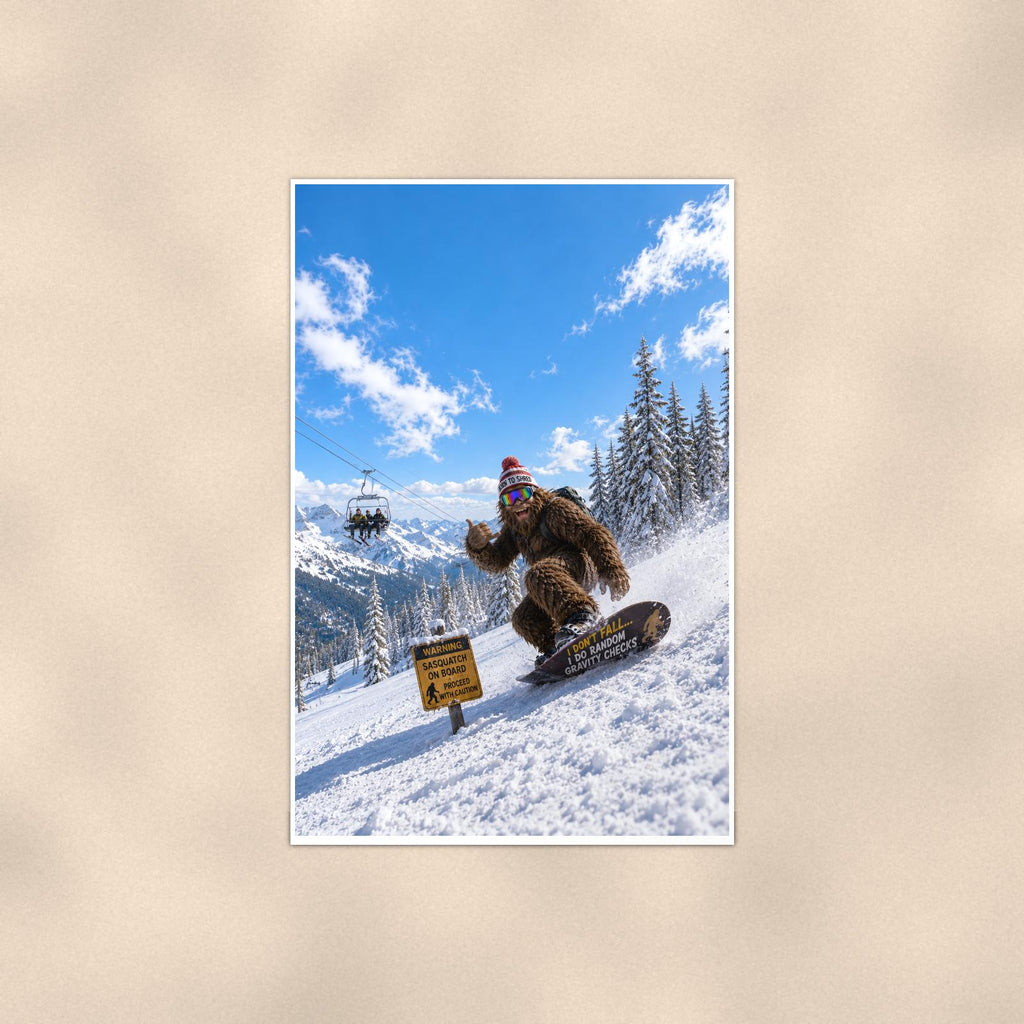 Snowboard Bigfoot — 24x36 in art print poster, premium luster paper with a white border; poster shown straight on against a warm wall.