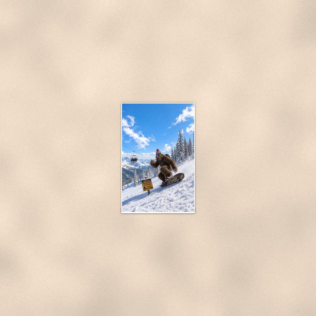 Snowboard Bigfoot — 24x36 in art print poster, premium luster paper with a white border; poster seen from further back, at true 24x36 in scale on a warm wall.